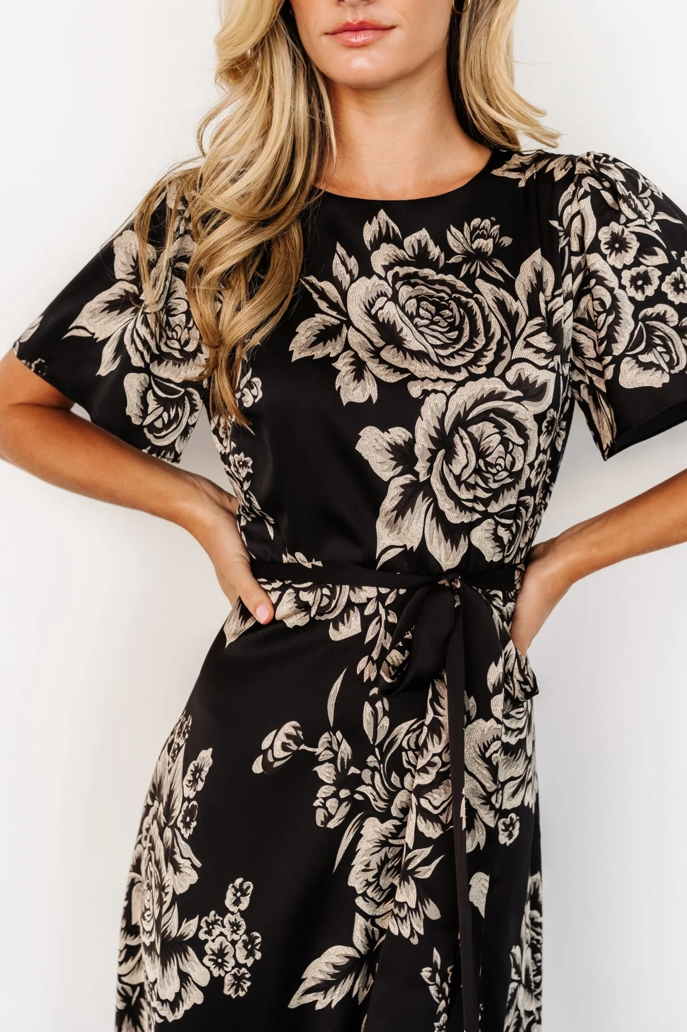 Agnes Satin Maxi Dress | Black + Cream Floral