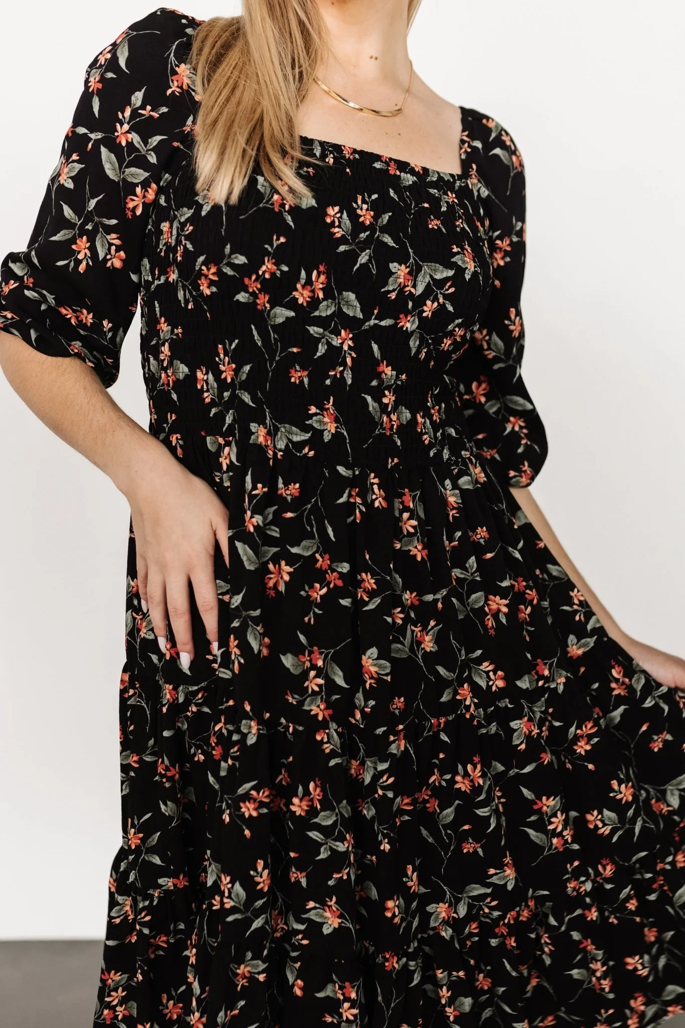 Marta Smocked Midi Dress | Black Floral