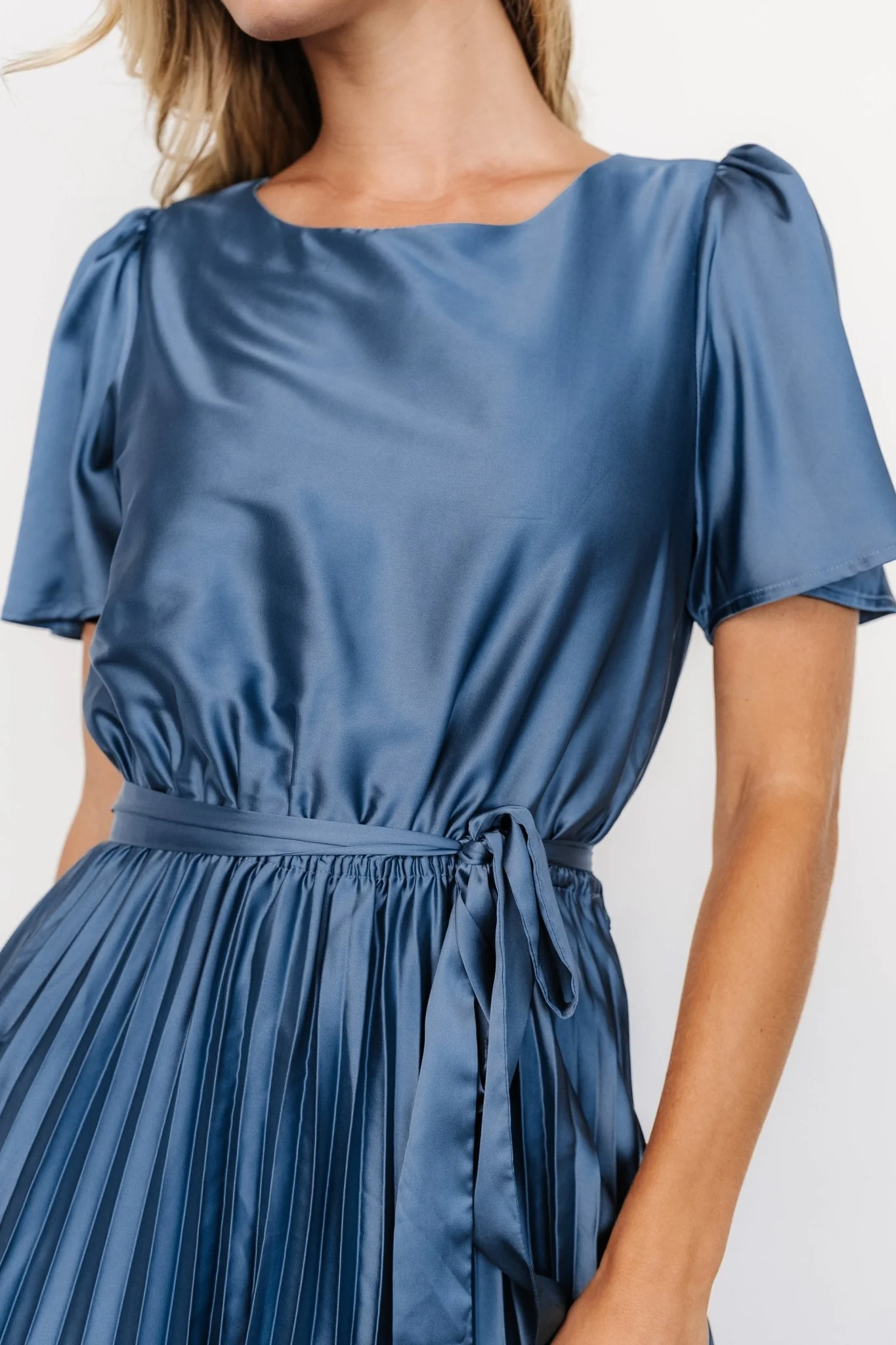 Adelaide Pleated Satin Dress | Blue