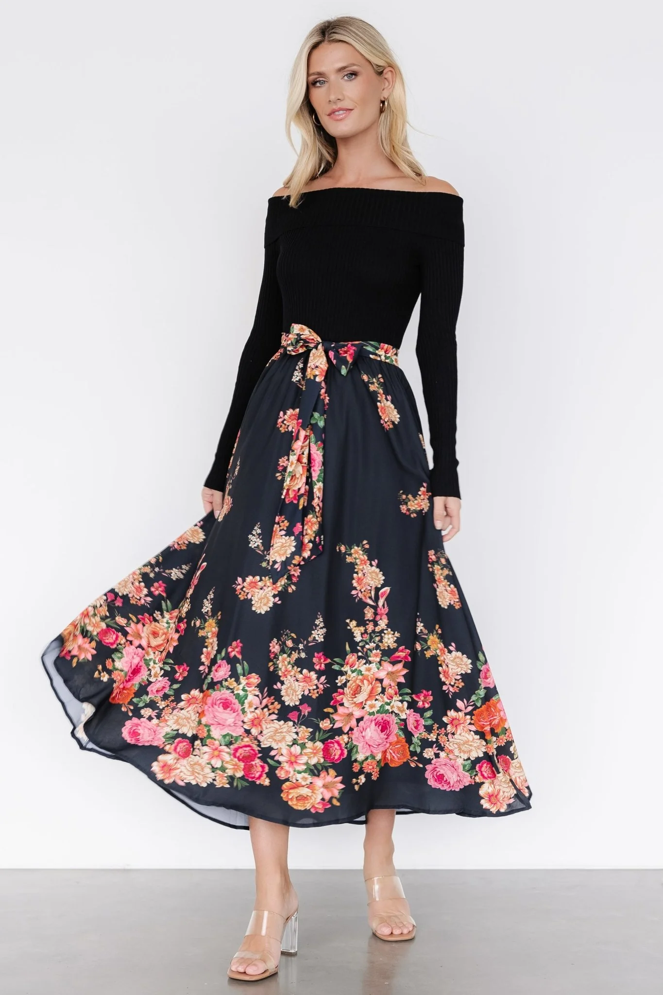 Qadira Off Shoulder Dress | Black + Multi Floral