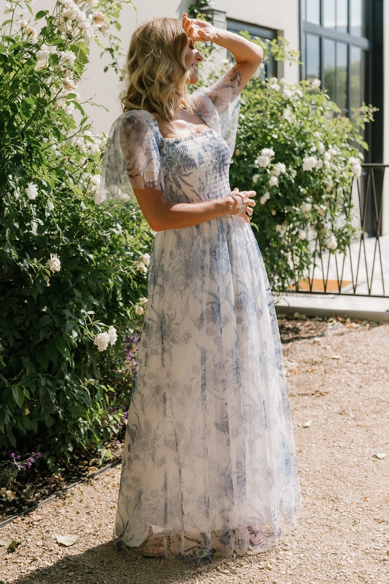 Cassandra Tulle Maxi Dress | Blue + White Floral
