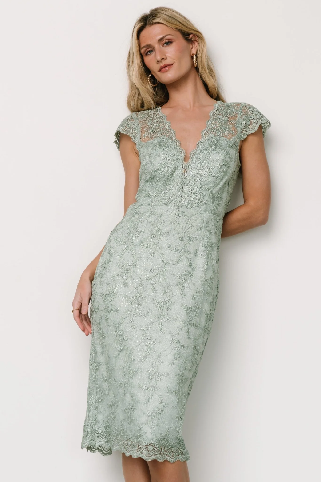 Oriana Embossed Shimmer Midi Dress | Sage