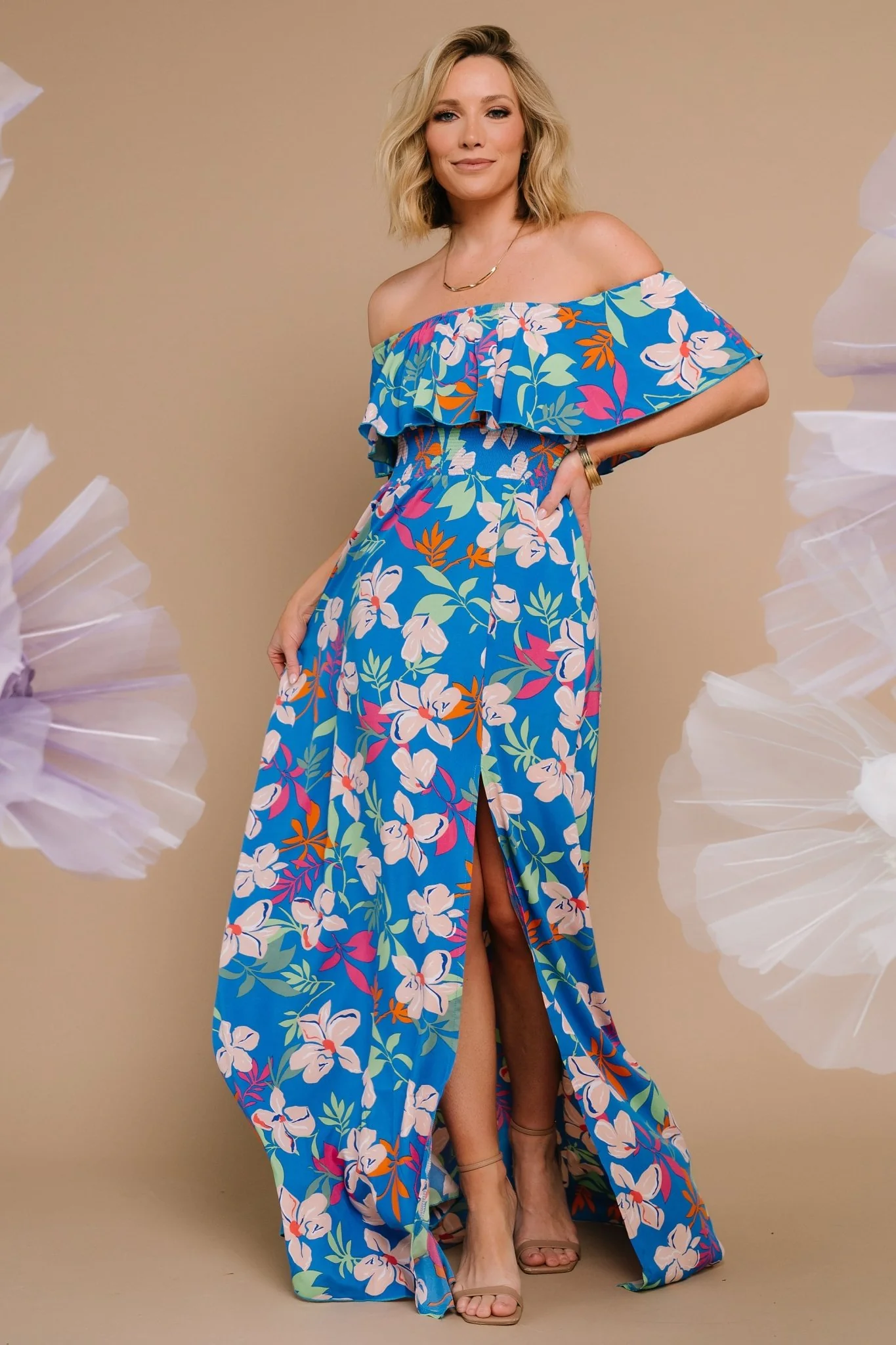 Talia Off Shoulder Maxi Dress | Blue Floral
