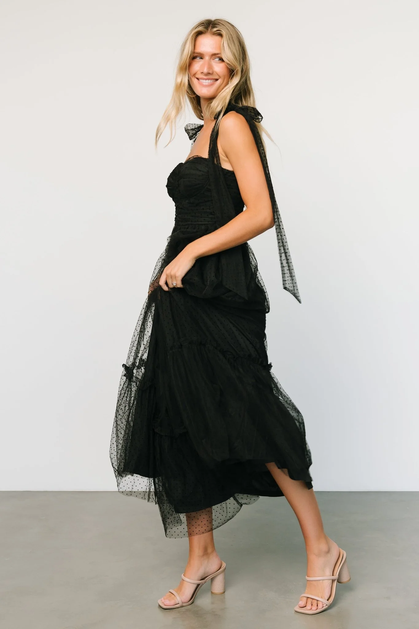 Mavani Swiss Dot Tulle Maxi Dress | Black