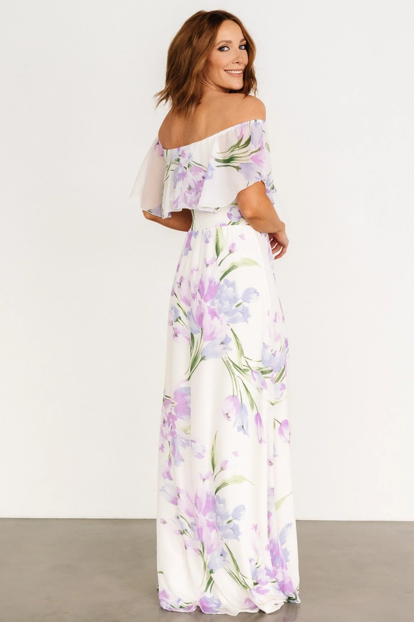 Daphne Off Shoulder Maxi Dress | Ivory + Lavender Floral
