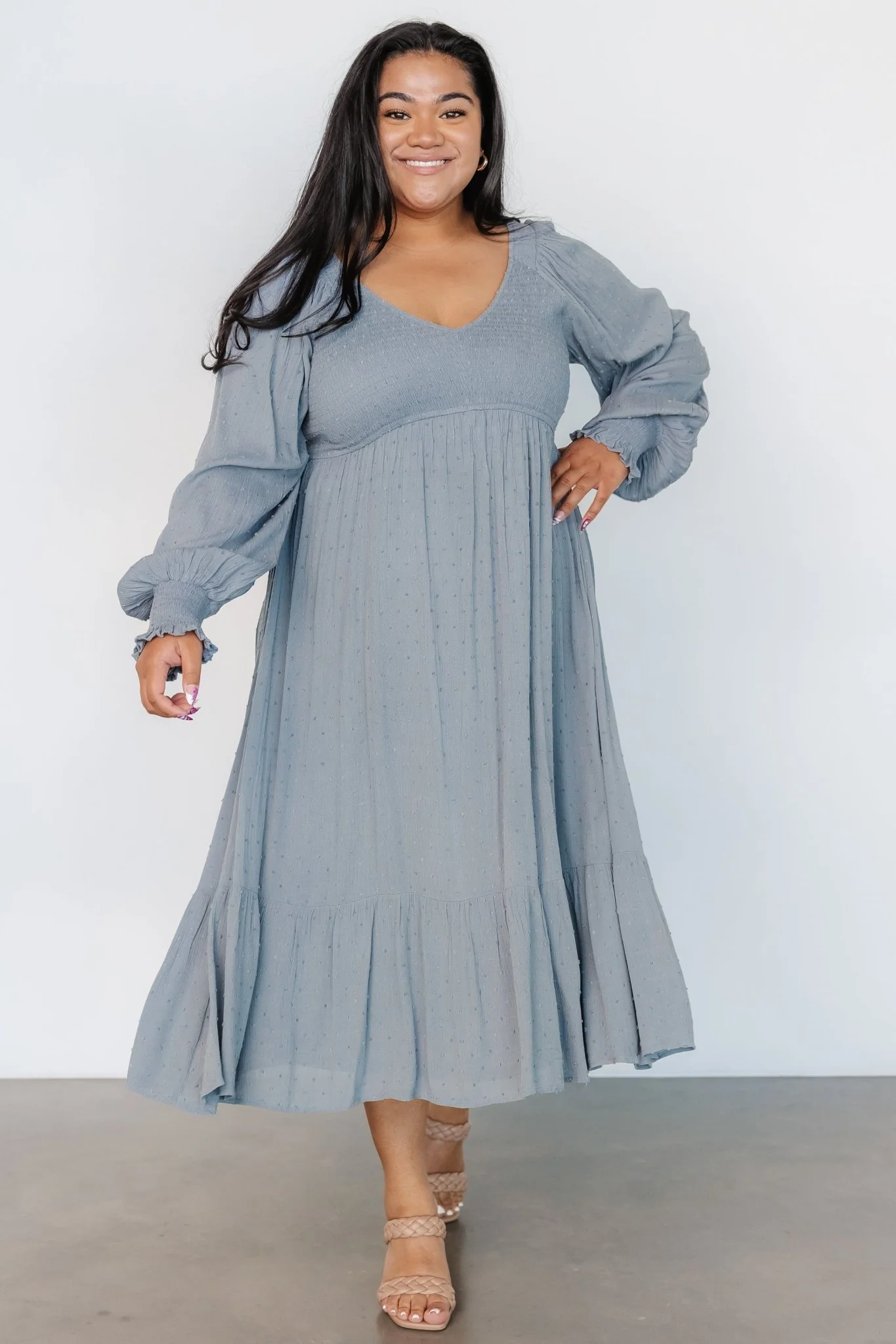 Lainey Smocked Dotted Midi Dress | Dusty Blue