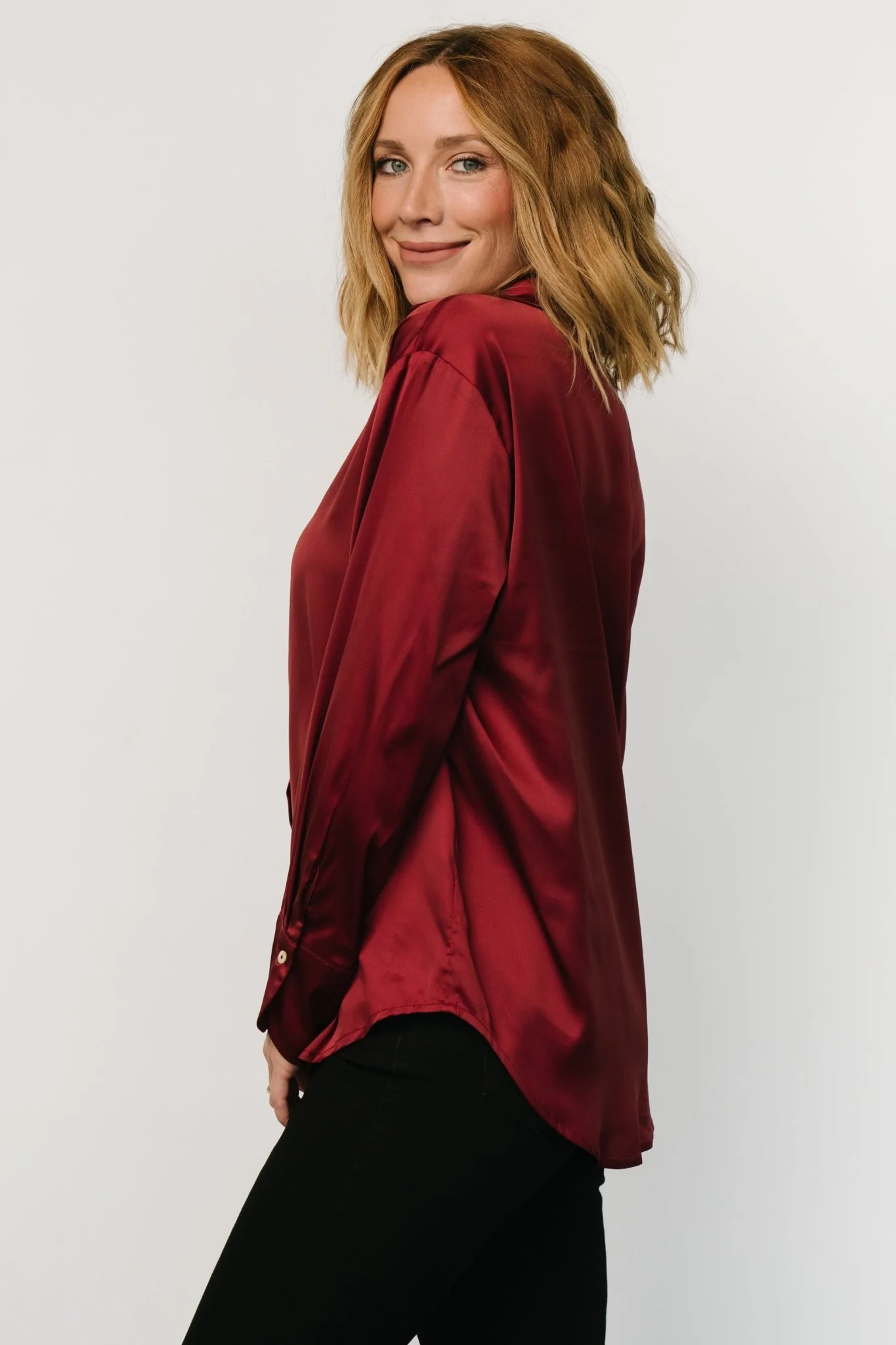 Kacey Satin Button Up Top | Burgundy