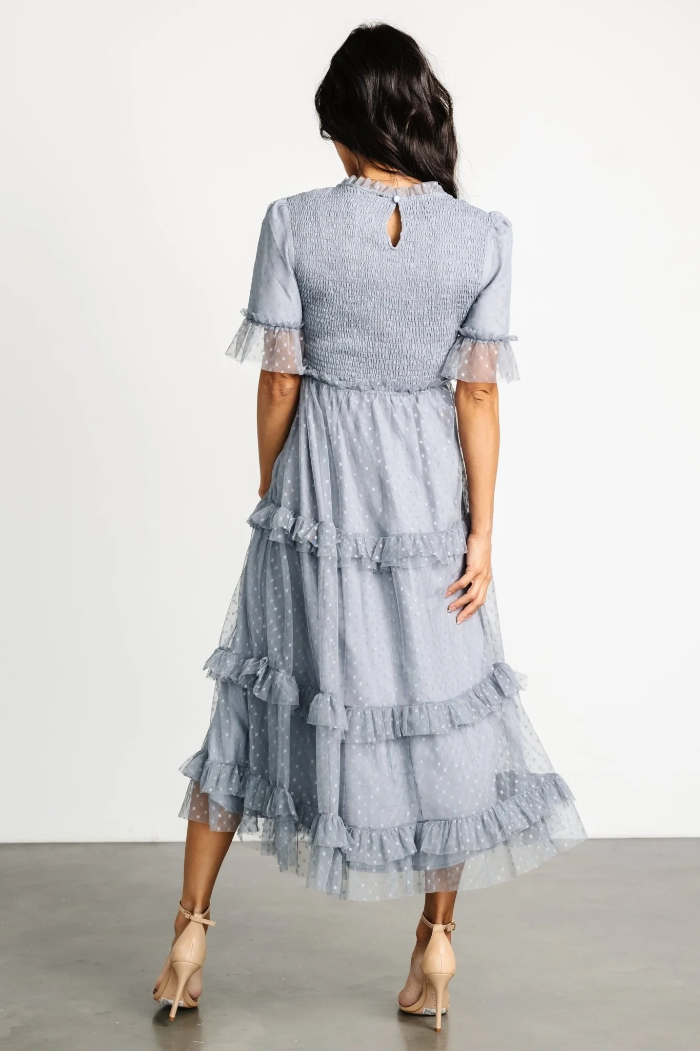 Lysandra Smocked Dot Dress | Dusty Slate