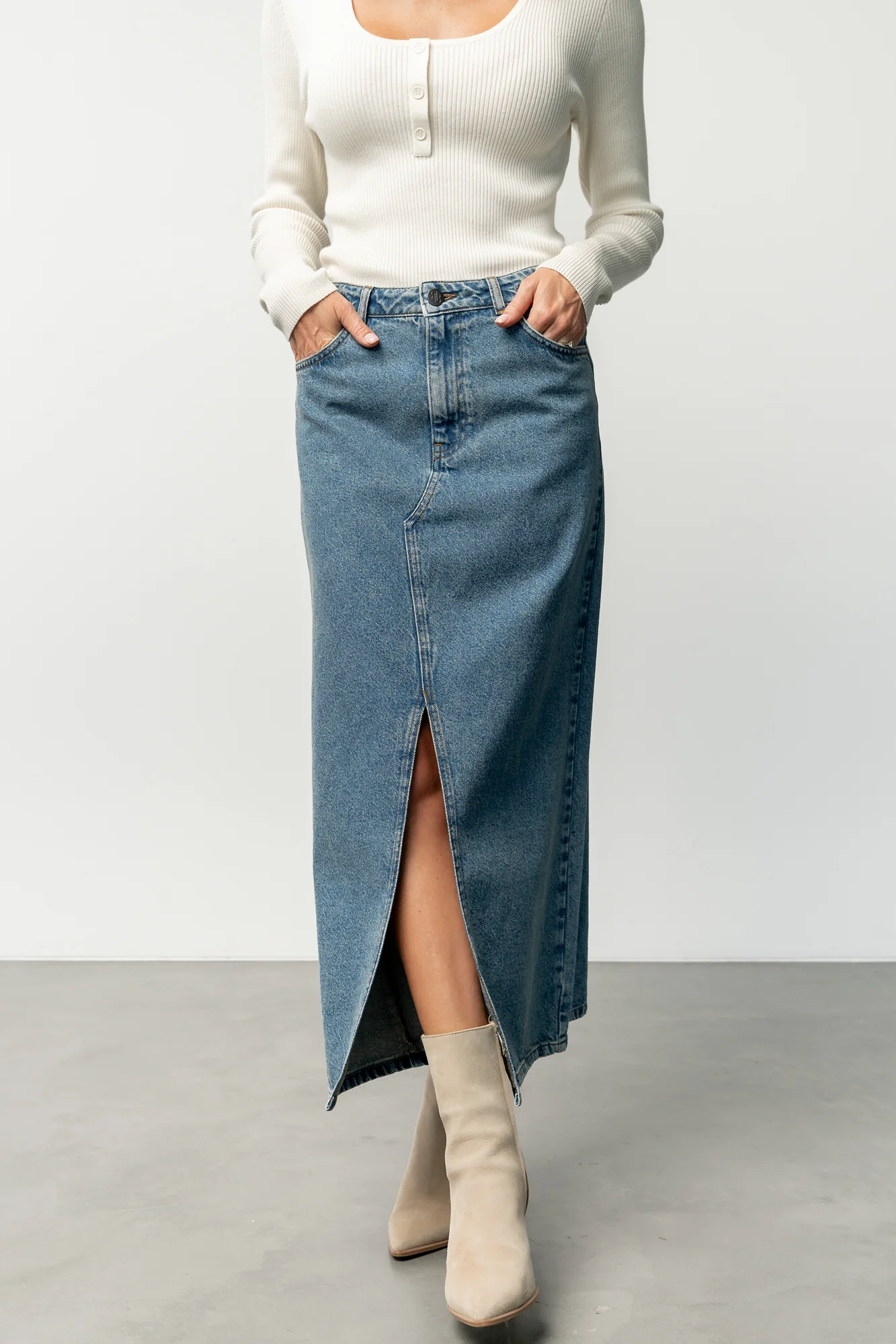 Aleksa Denim Midi Skirt | Medium Wash