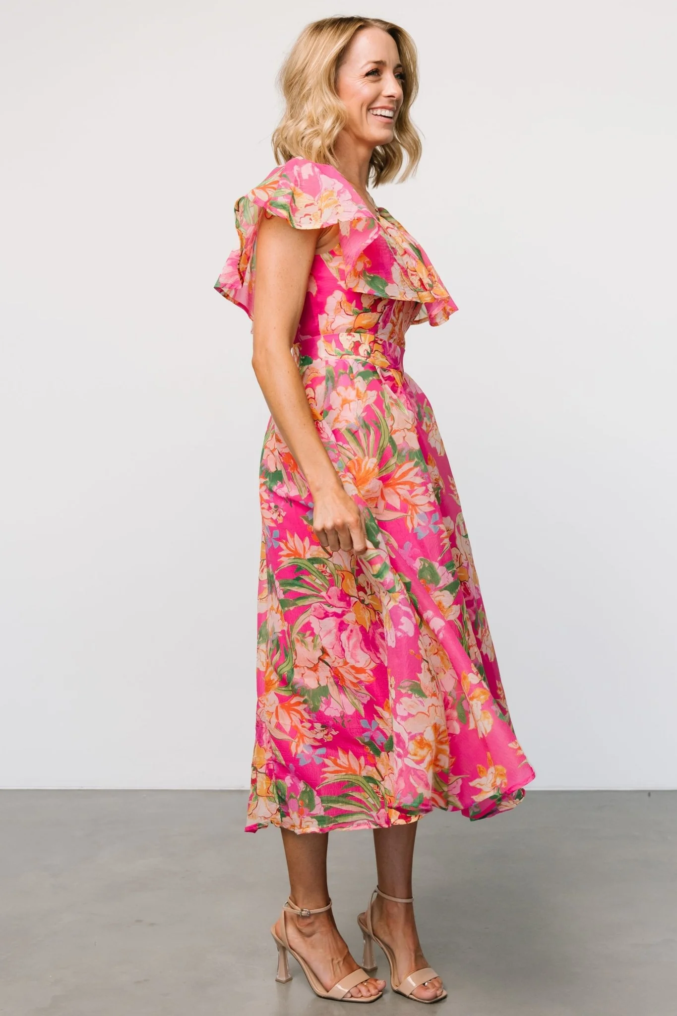 Kartini Off Shoulder Midi Dress | Fuchsia Multi