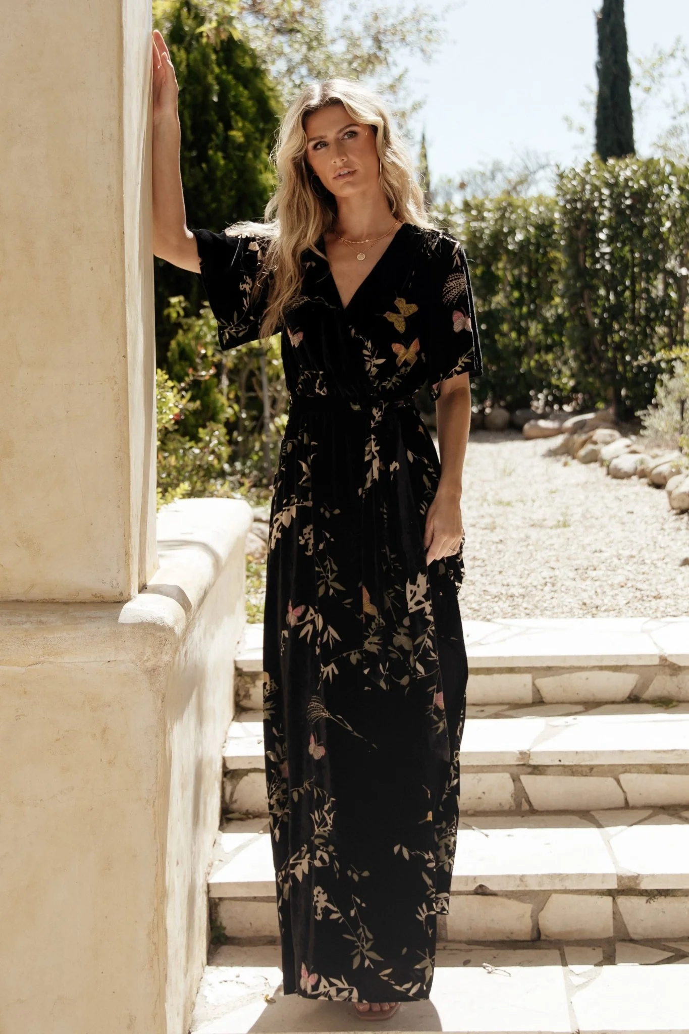 Uma Velvet Maxi Dress | Black Butterfly Print