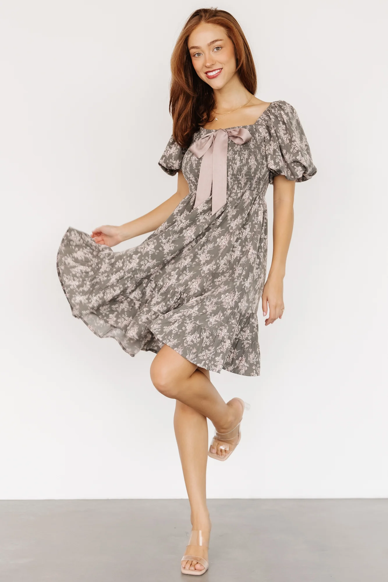 Anastasia Bow Short Dress | Dusty Olive Print