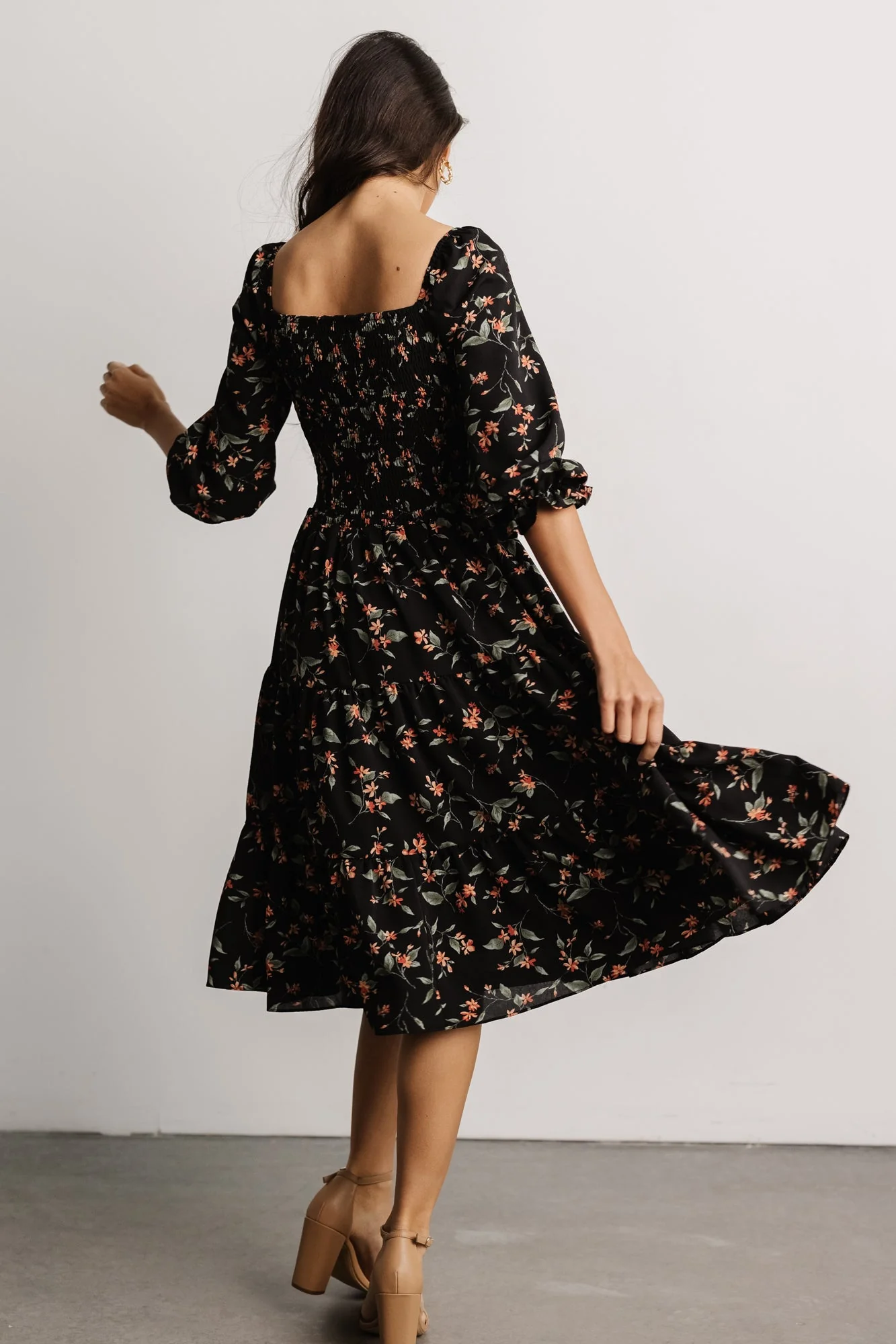 Marta Smocked Midi Dress | Black Floral