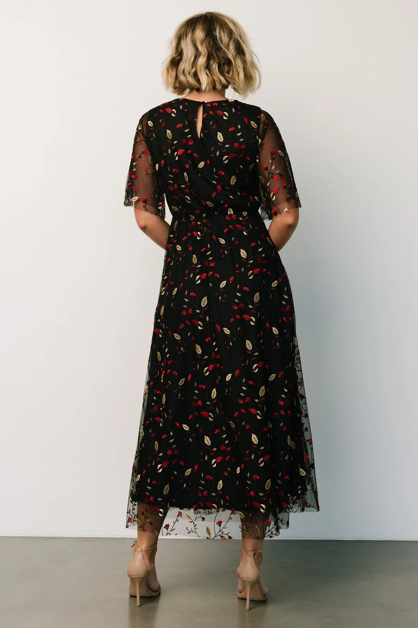 Arabella Embroidered Tulle Maxi Dress | Black + Red