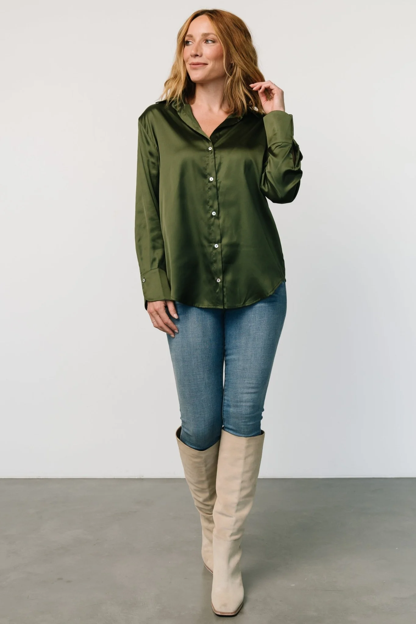 Kacey Satin Button Up Top | Dark Green
