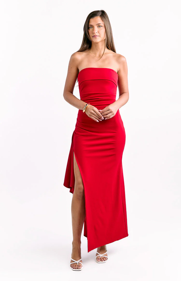 Merlo Red Crepe Strapless Formal Maxi Dress