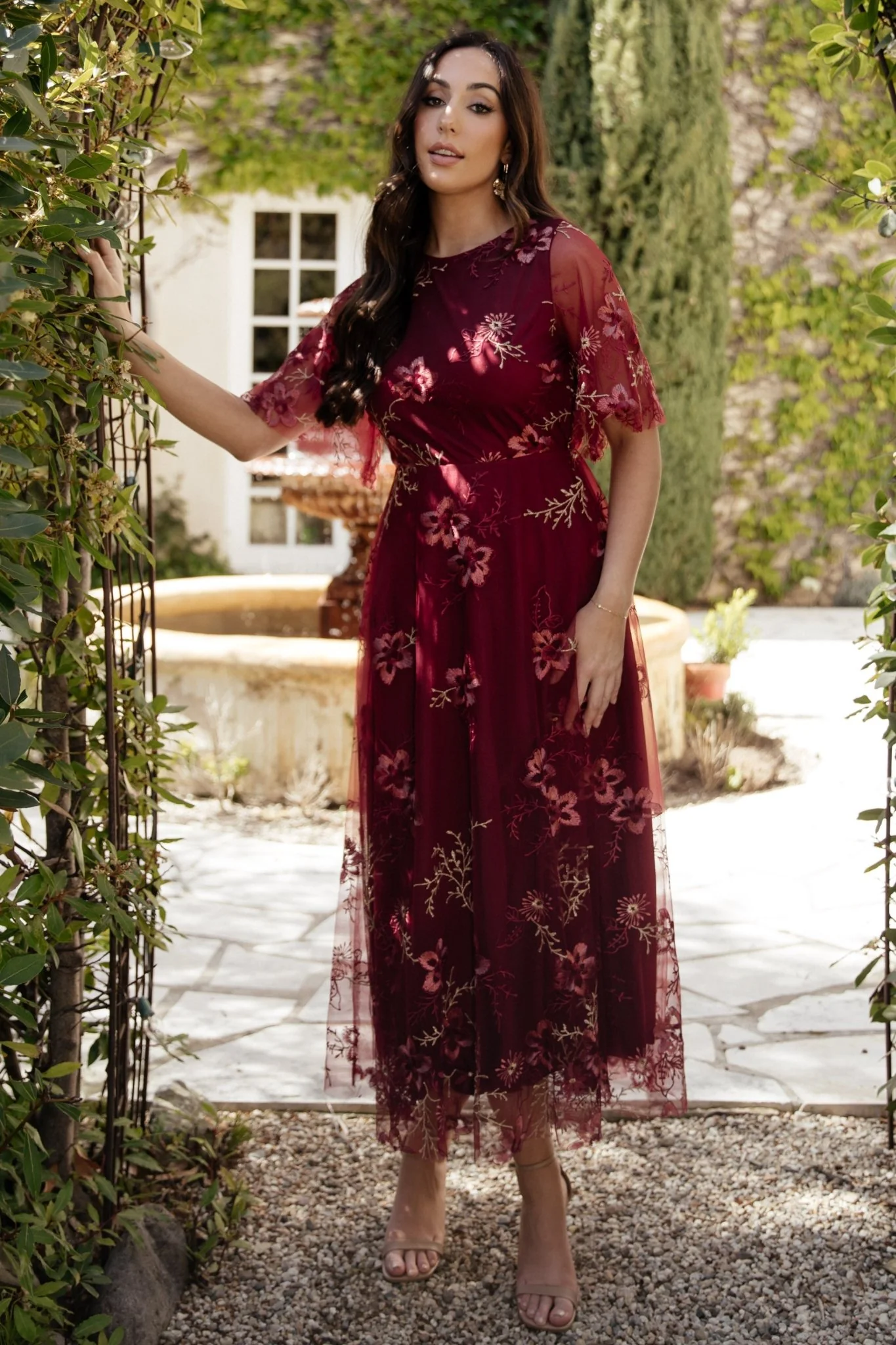 Arabella Embroidered Tulle Maxi Dress | Burgundy Floral