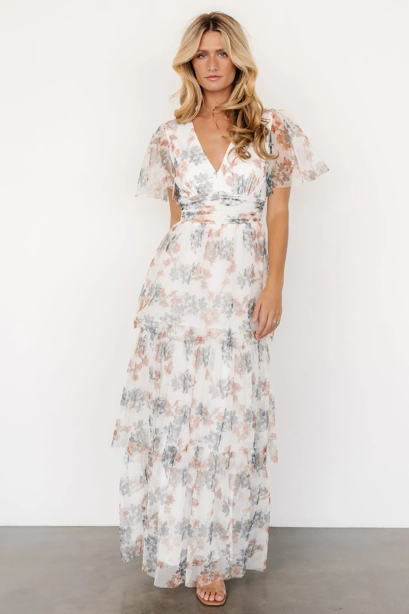 Elinor Tiered Tulle Dress | Off White + Peach Floral