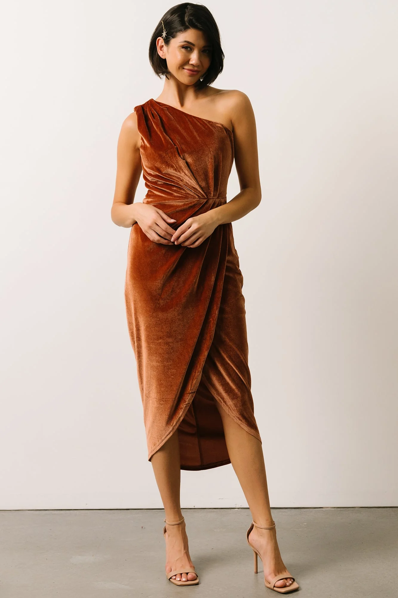 Kourtney Velvet One Shoulder Midi Dress | Spice