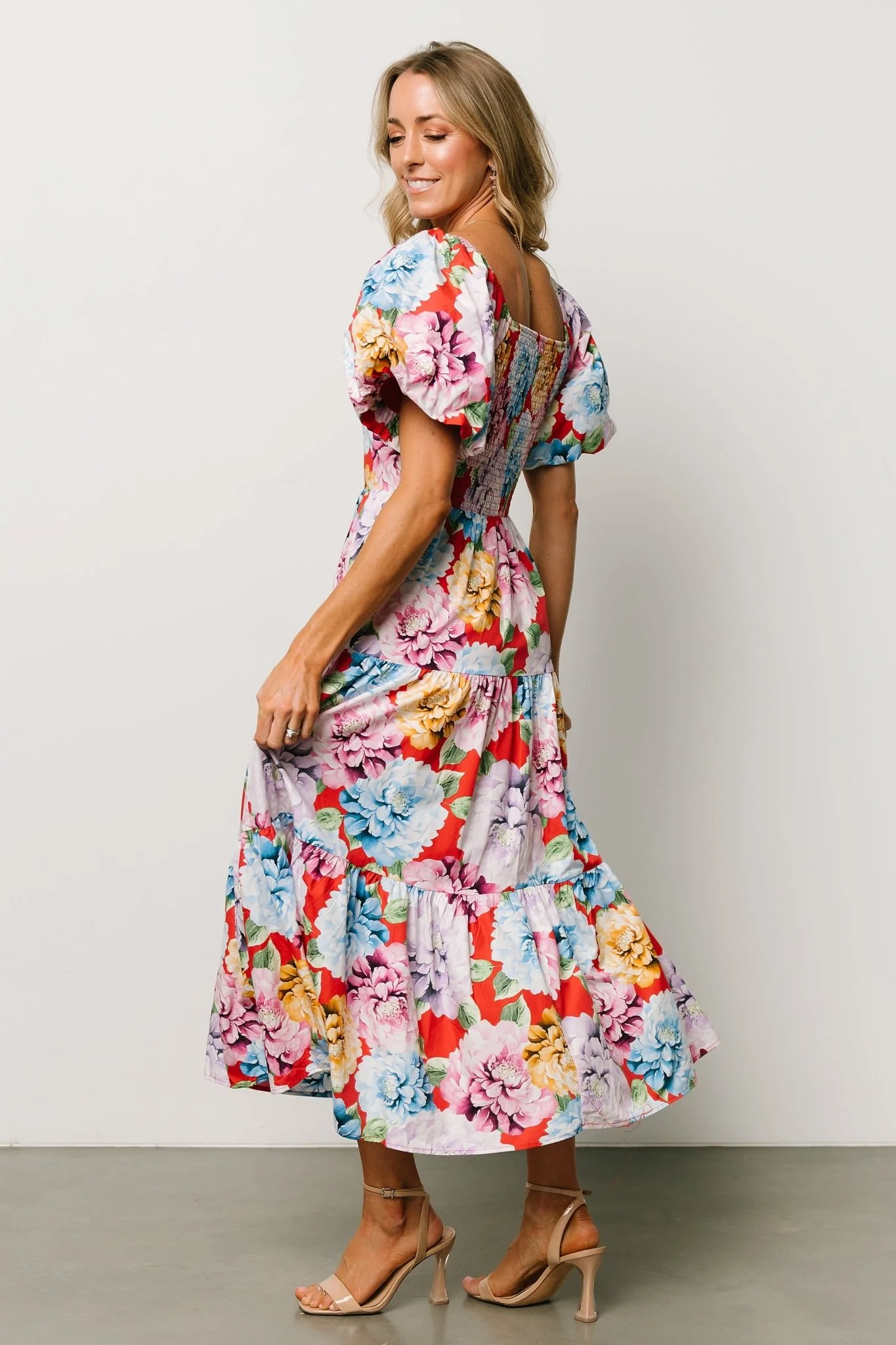 Iva Puff Sleeve Midi Dress | Red Multi Floral