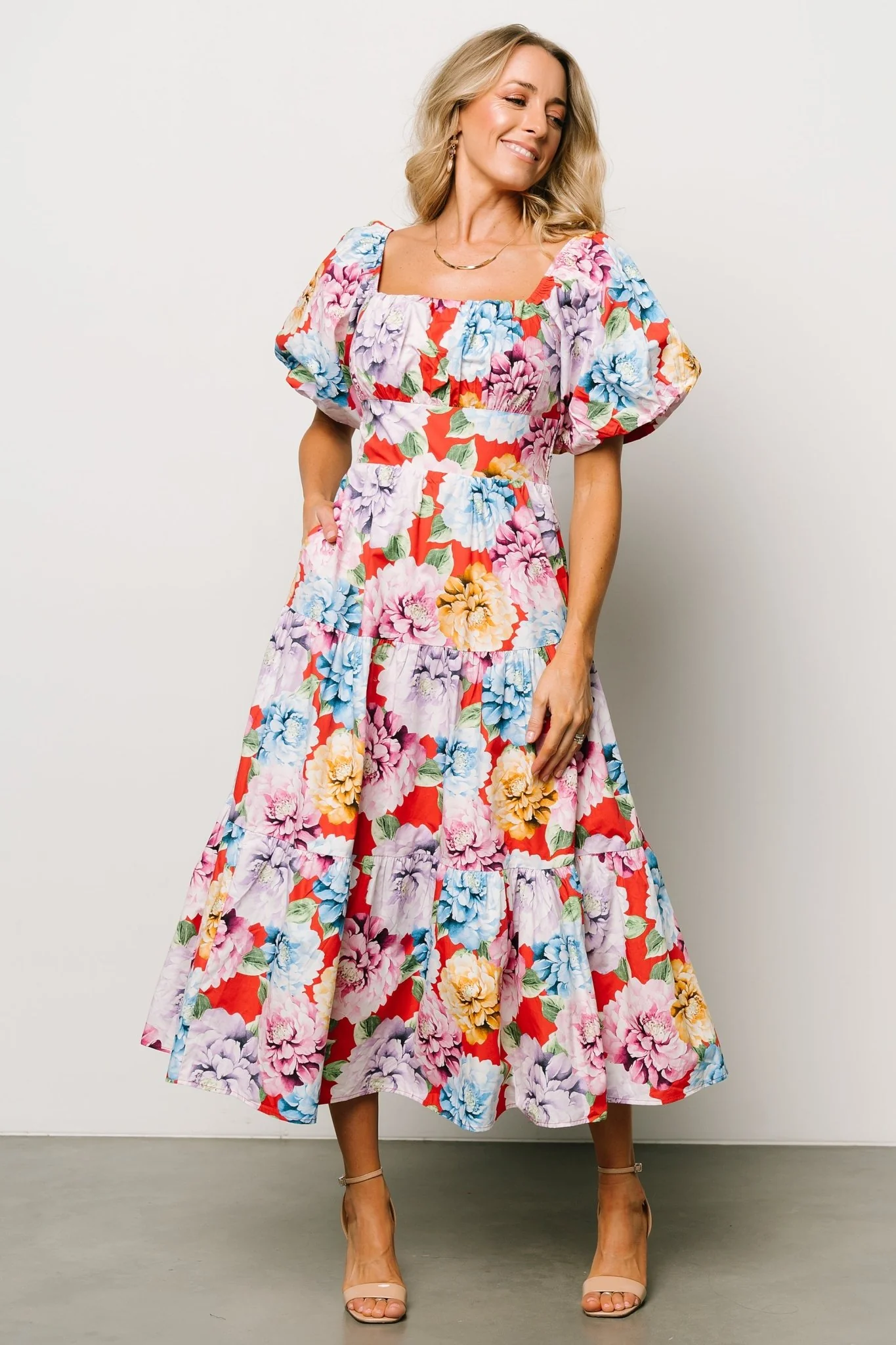 Iva Puff Sleeve Midi Dress | Red Multi Floral