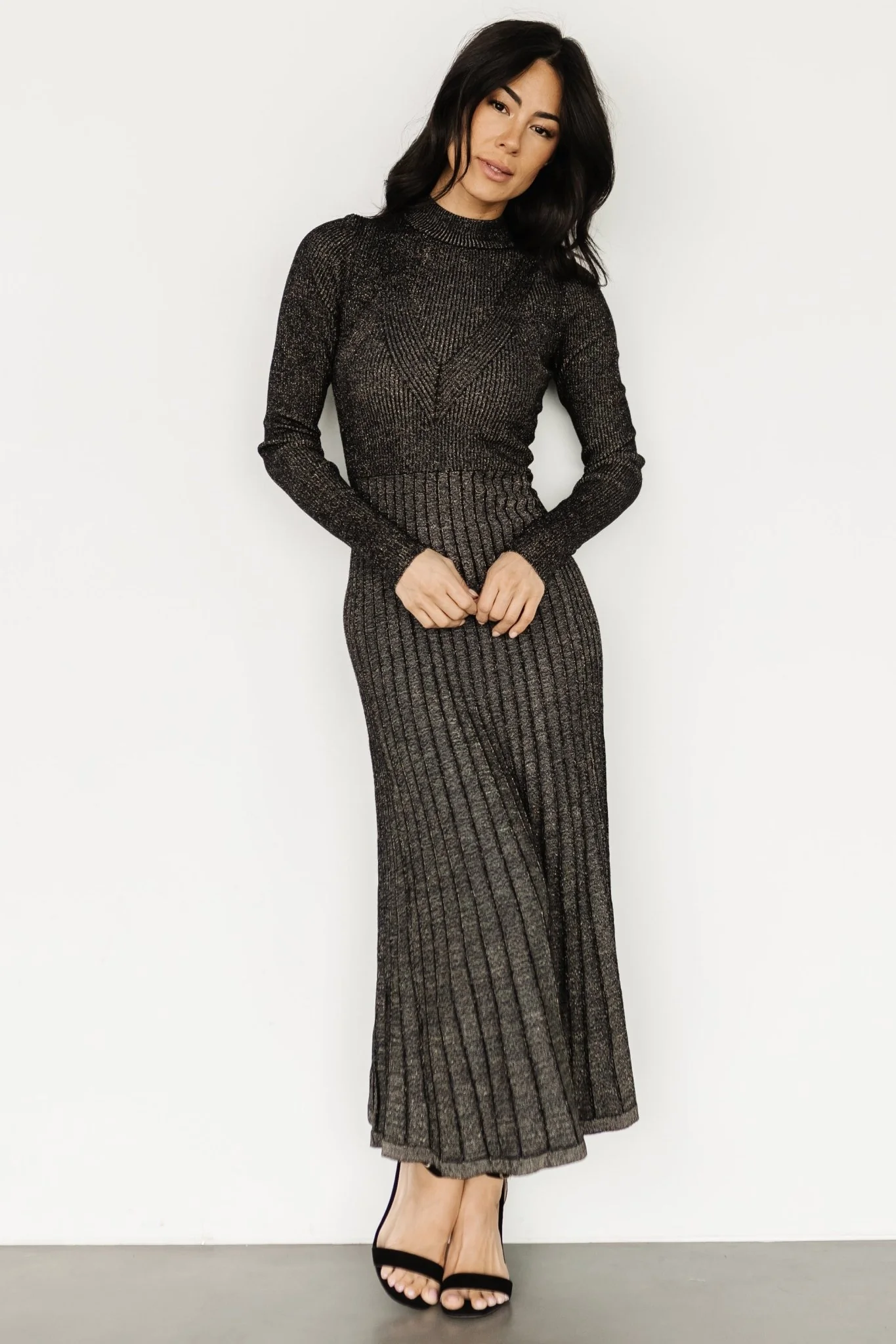 Jamelia Pleated Sweater Dress | Black + Gold