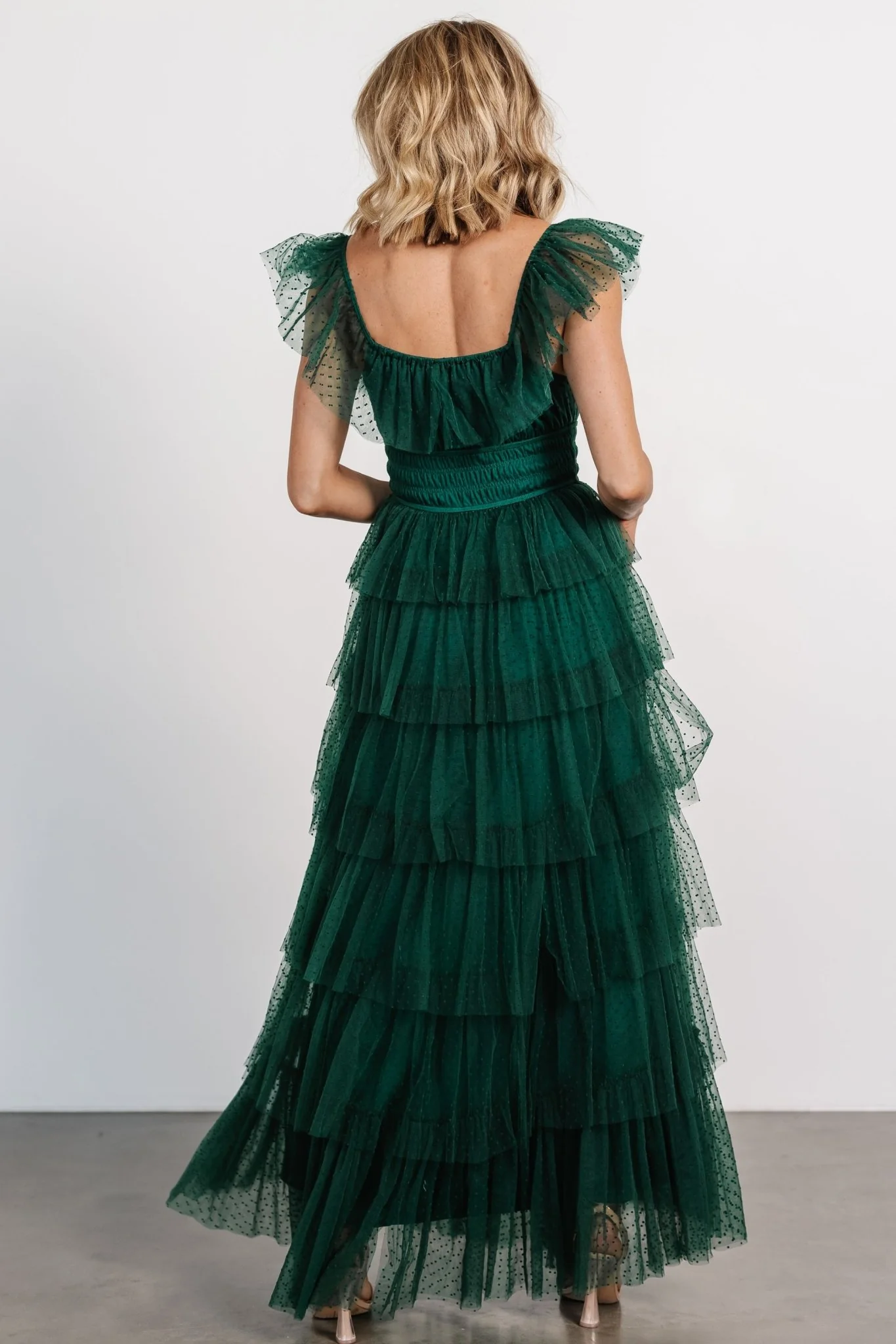 Valora Swiss Dot Tulle Maxi Dress | Dark Green