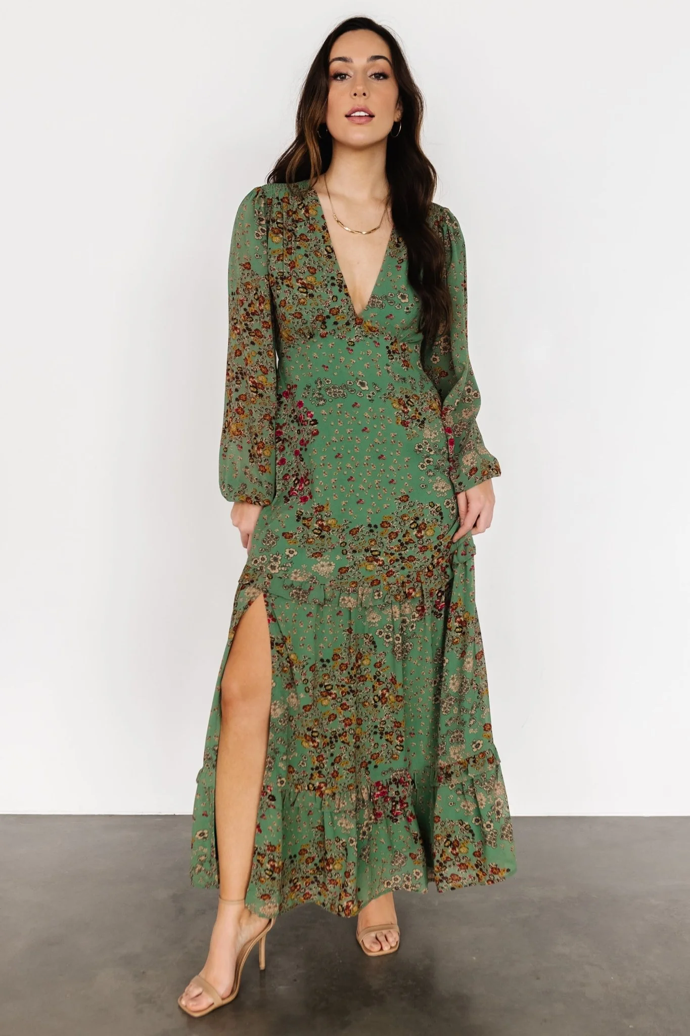 Bowman Deep V Maxi Dress | Green Multi