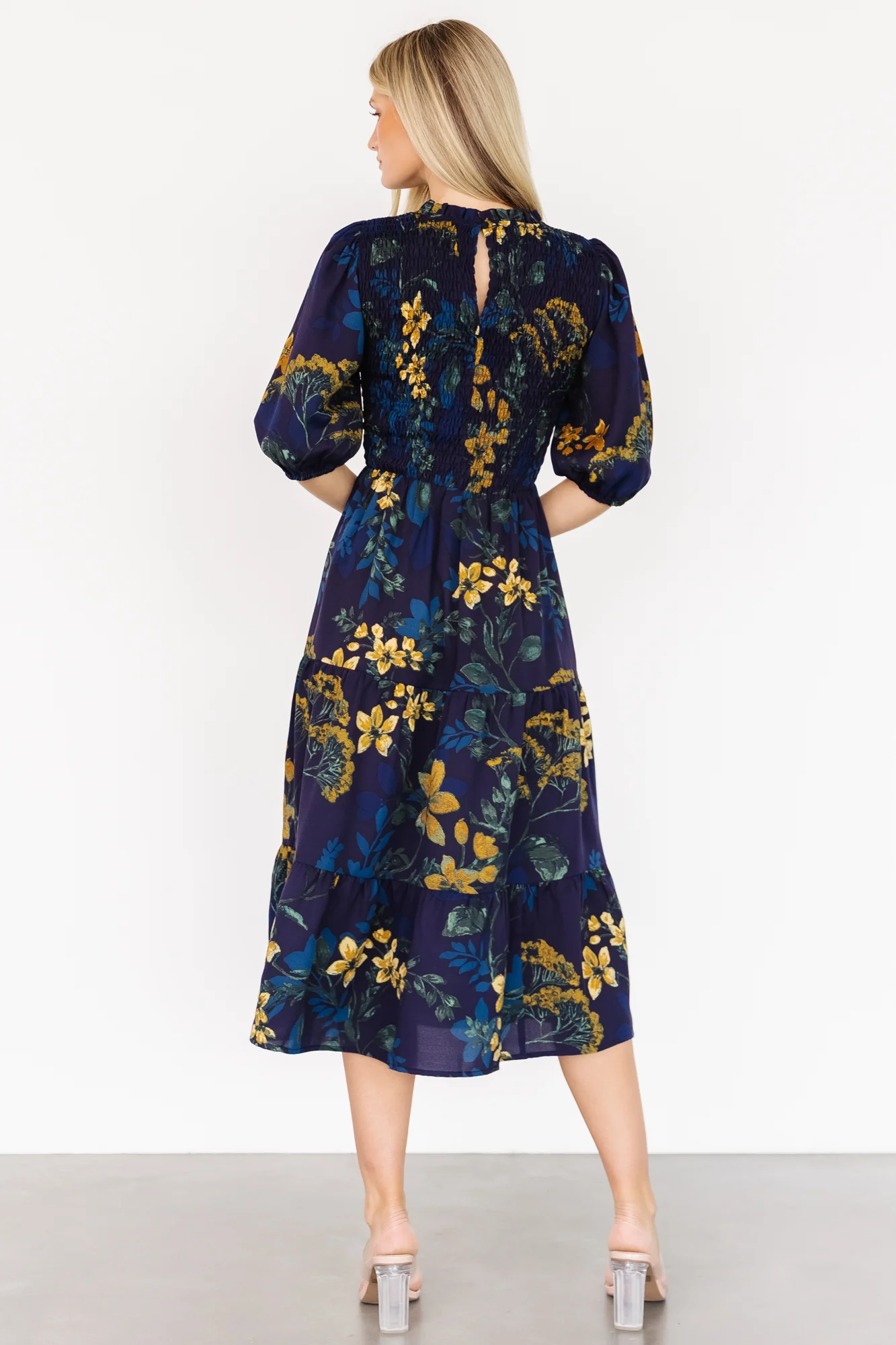 Lena Tiered Midi Dress | Navy + Gold Floral