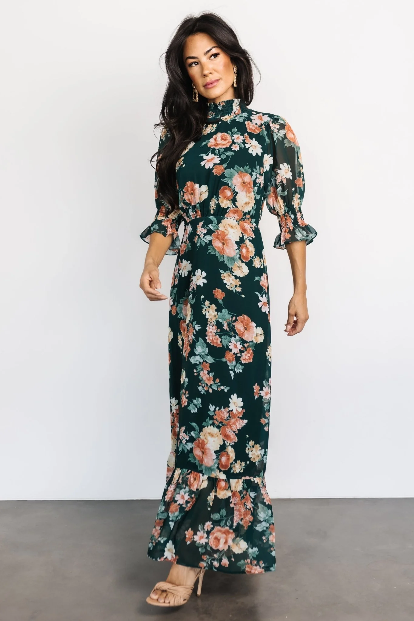 Marie Mock Neck Maxi Dress | Dark Green Floral