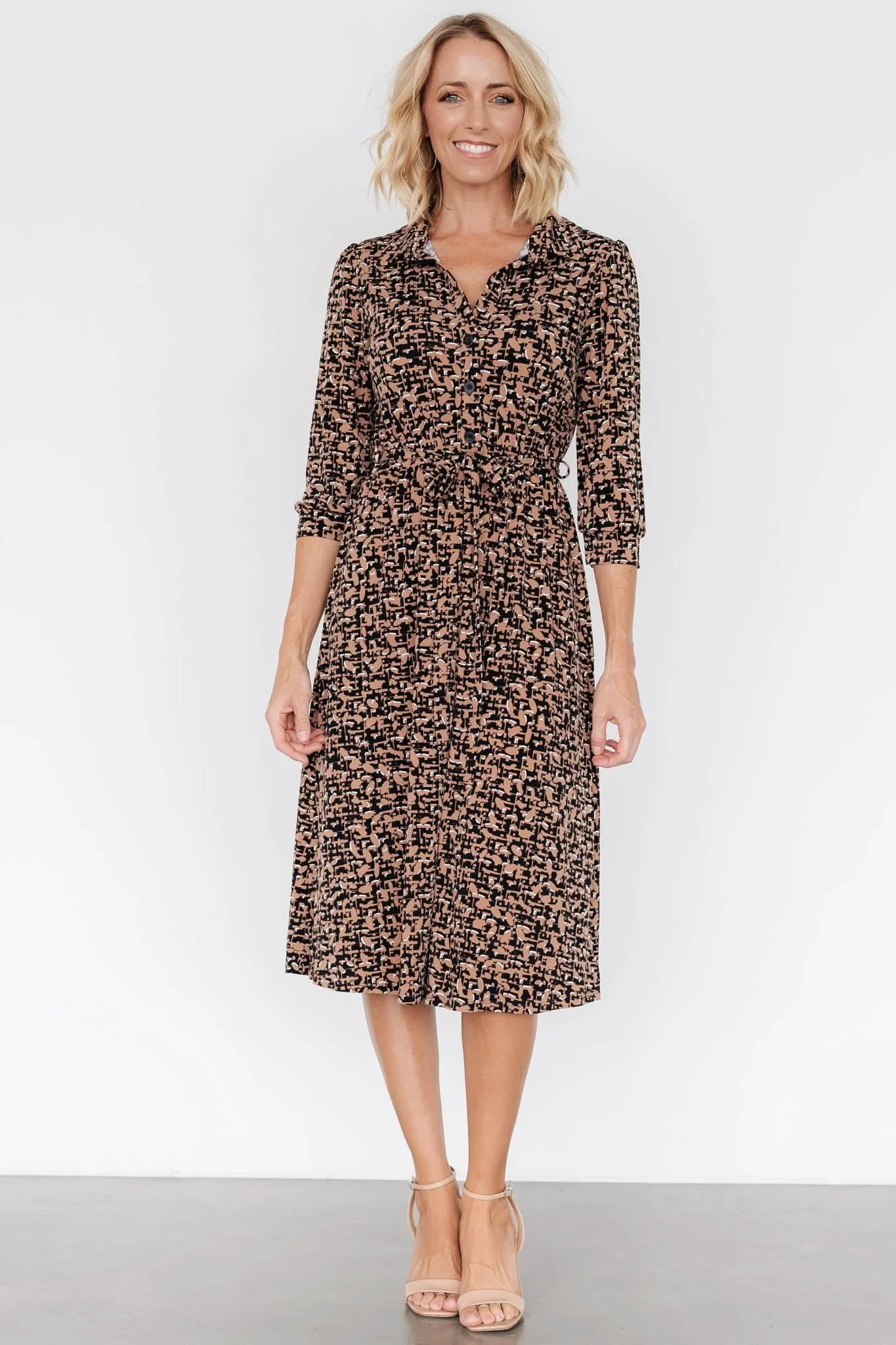 Jenica Midi Dress | Black + Camel Print