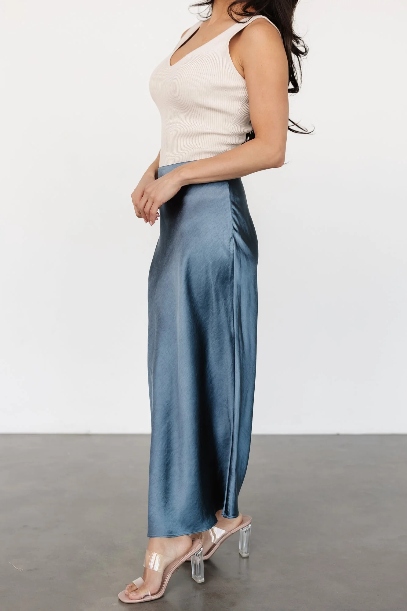 Celeste Satin Midi Skirt | Steel Blue