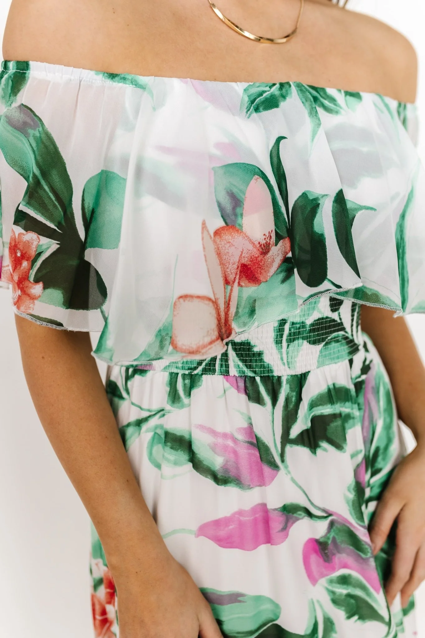 Daphne Off Shoulder Maxi Dress | White + Green Multi Floral