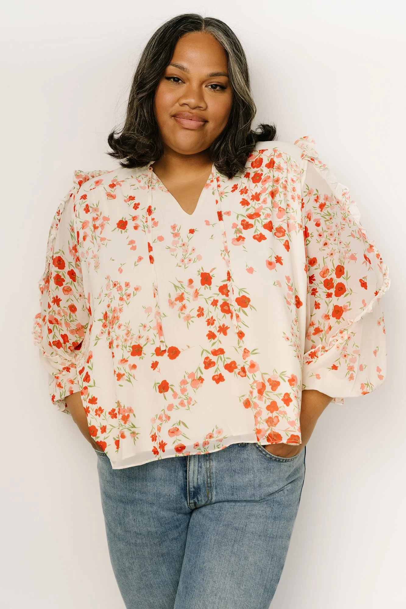 Karlie Long Sleeve Ruffle Top | Ivory + Red Multi