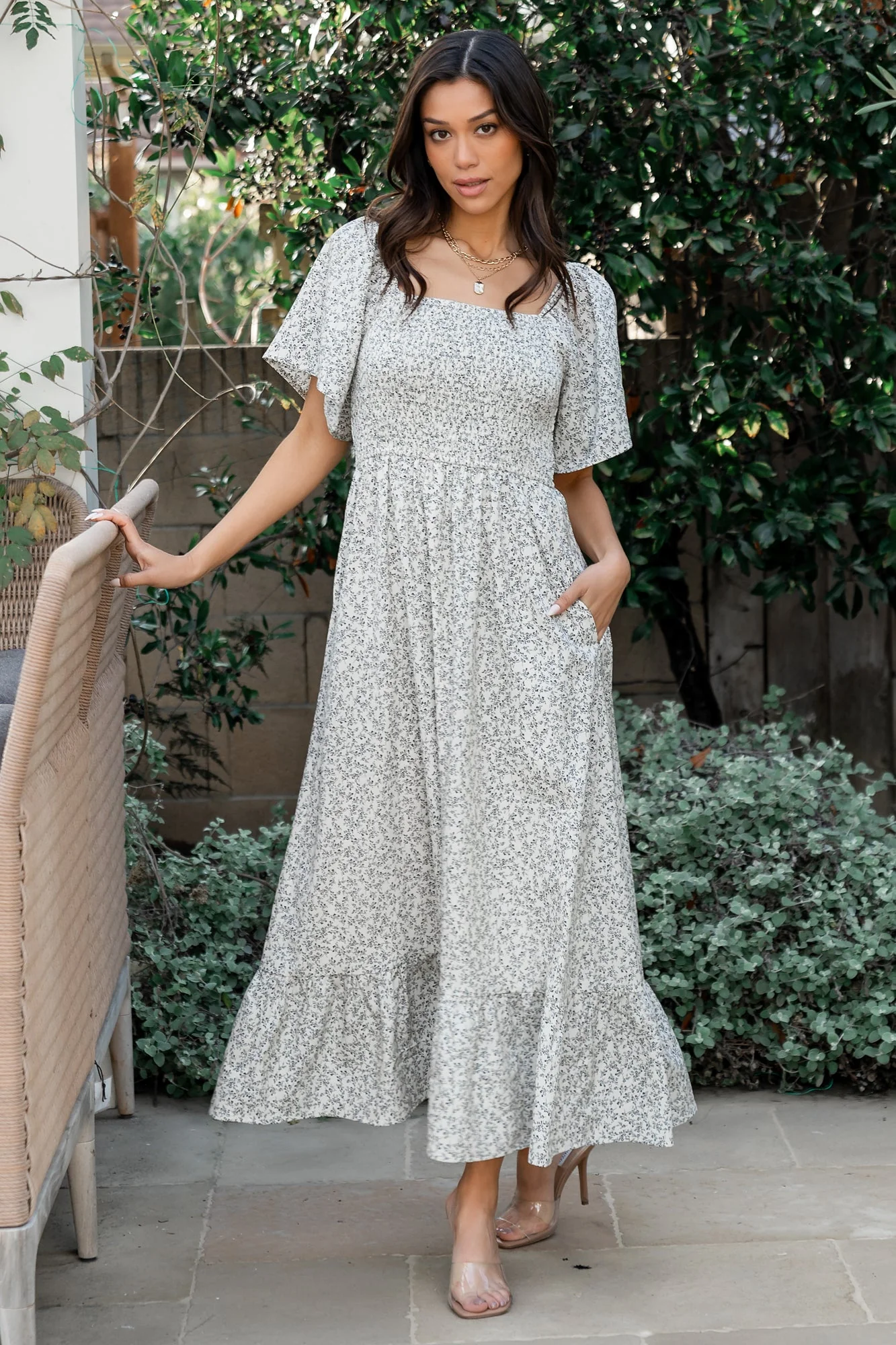 Cassis Smocked Midi Dress | Ivory + Black Floral