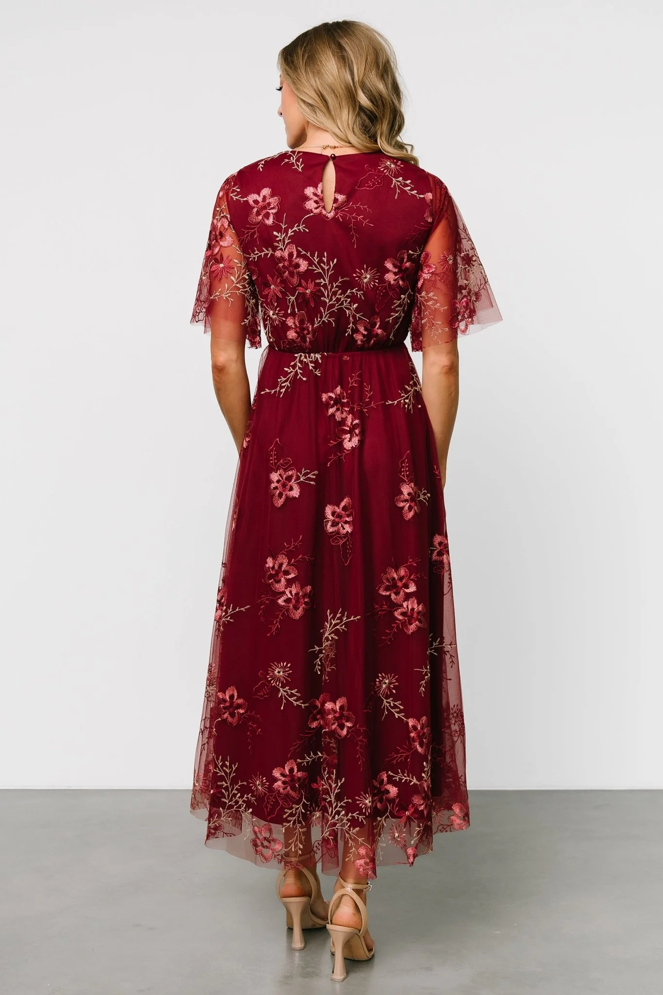 Arabella Embroidered Tulle Maxi Dress | Burgundy Floral