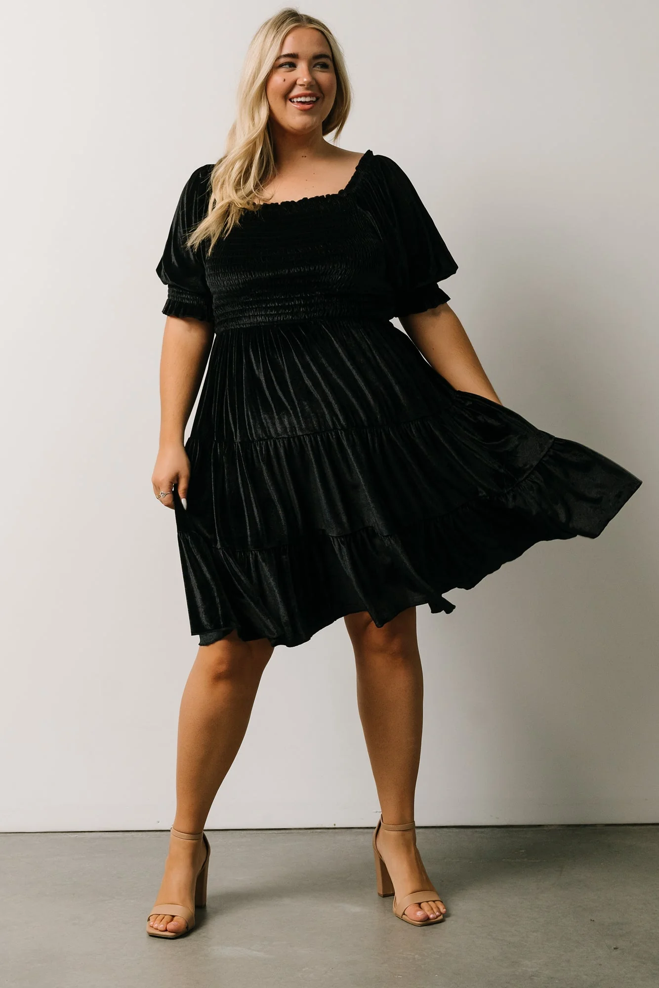 Bliss Smocked Velvet Short Dress | Black