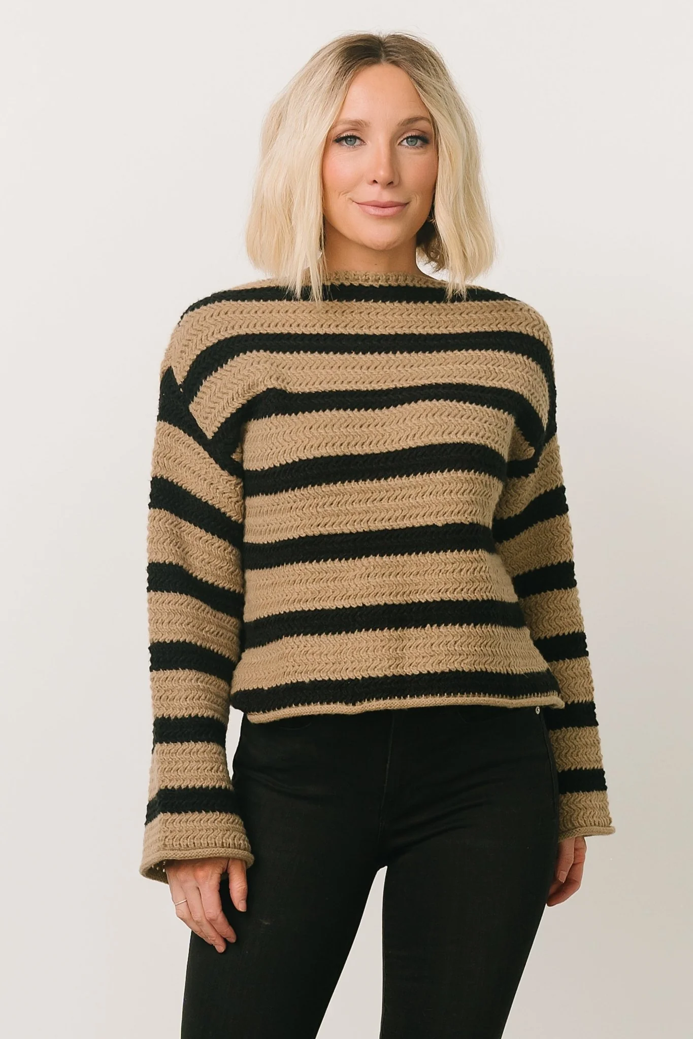 Robbie Striped Knit Sweater | Black + Camel