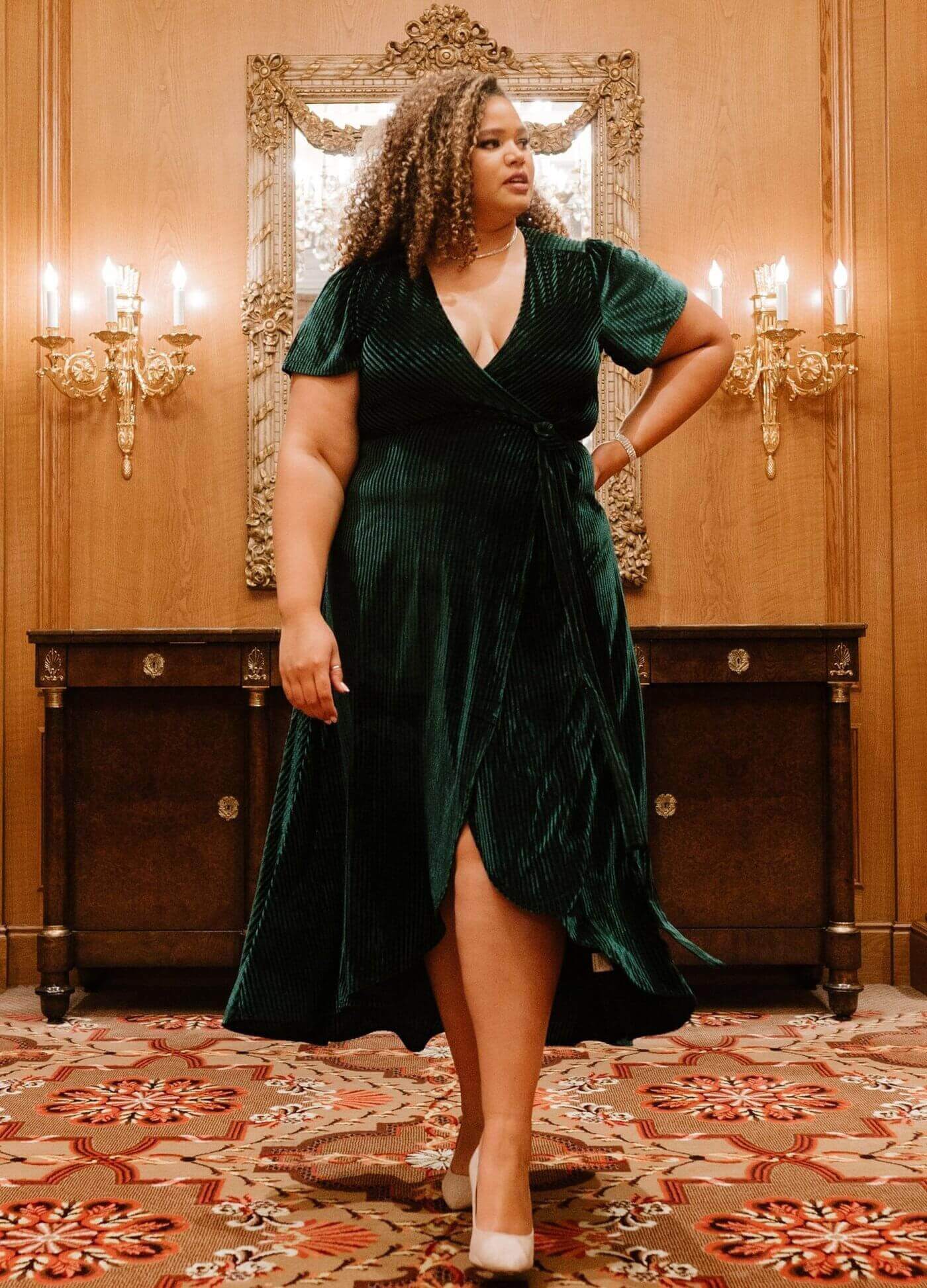 Andi Ribbed Velvet Wrap Dress | Emerald