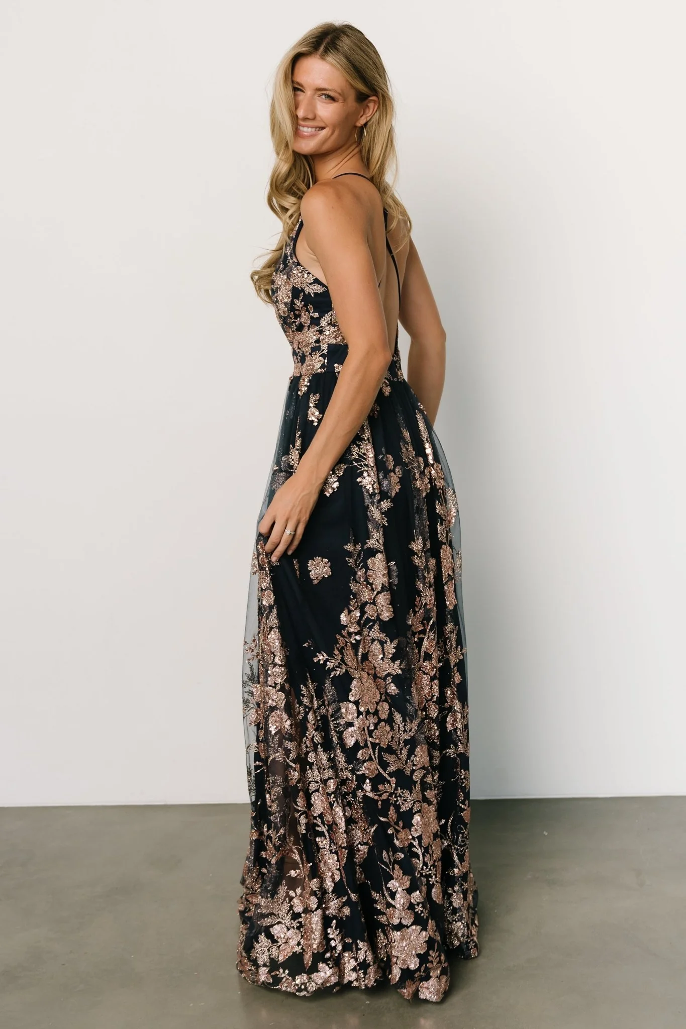Lucienne Shimmer Maxi Gown | Navy + Rose Gold