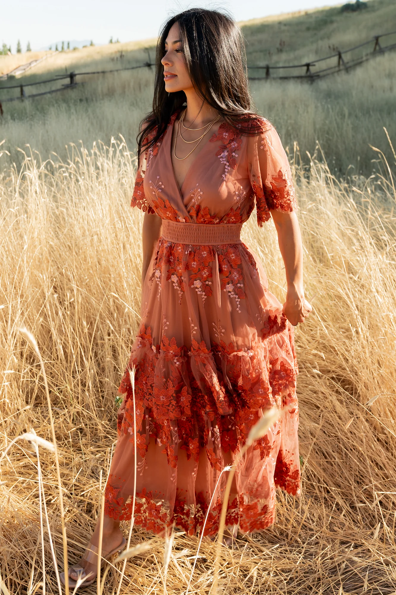 Lotte Embroidered Midi Dress | Rust