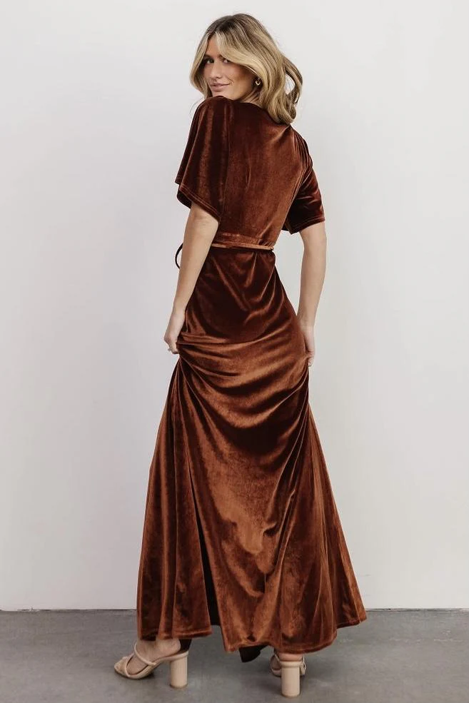 Meghan Velvet Wrap Maxi Dress | Bronze