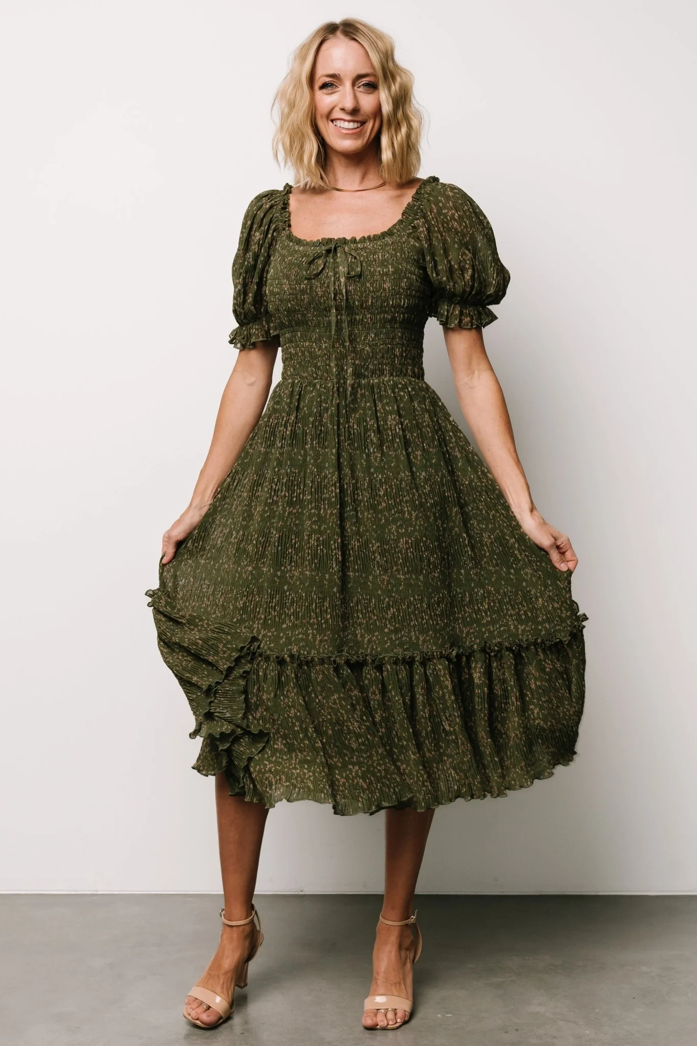 Beatrice Smocked Midi Dress | Olive Floral