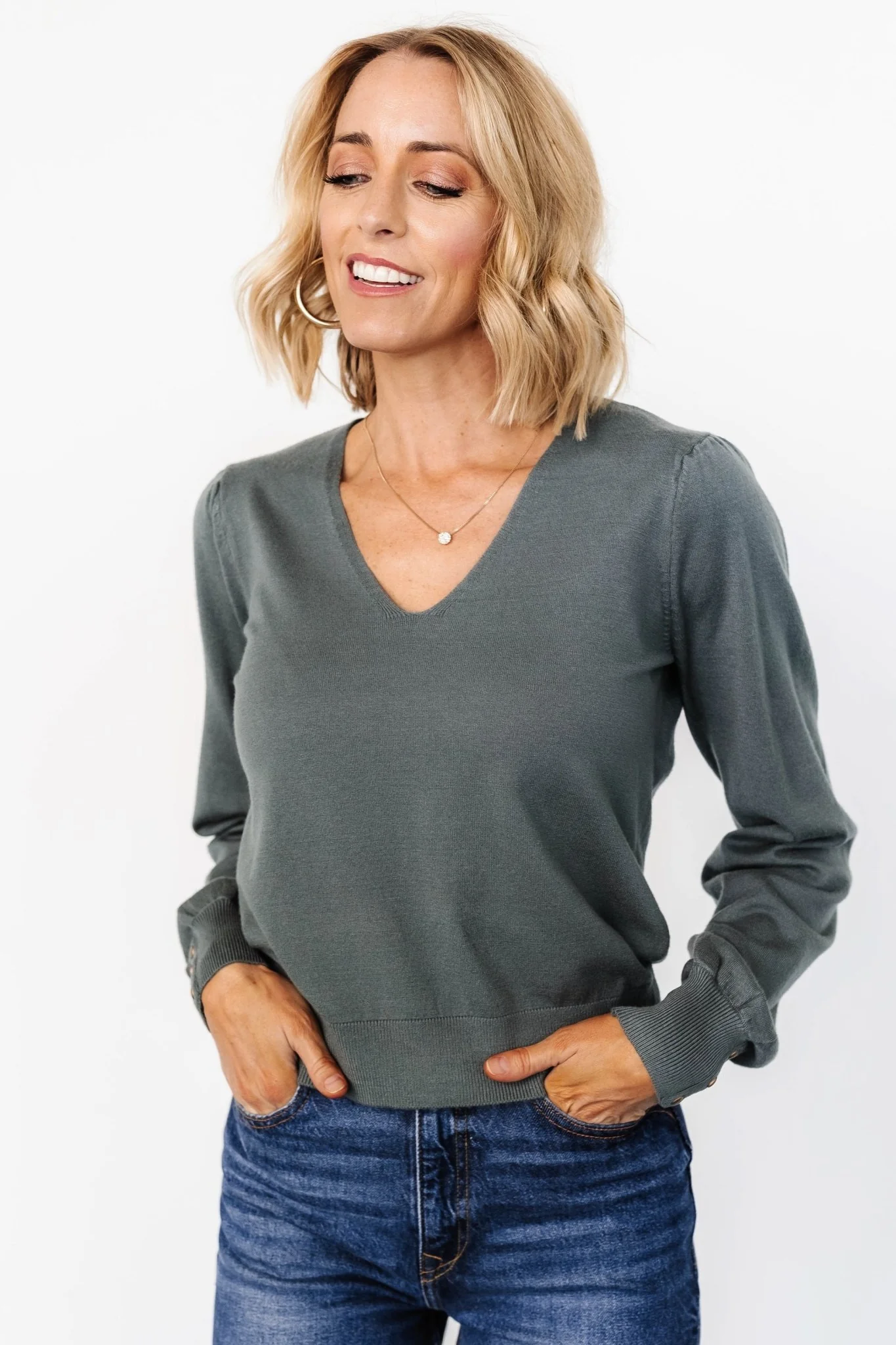 Sheila V Neck Sweater Top | Winter Green