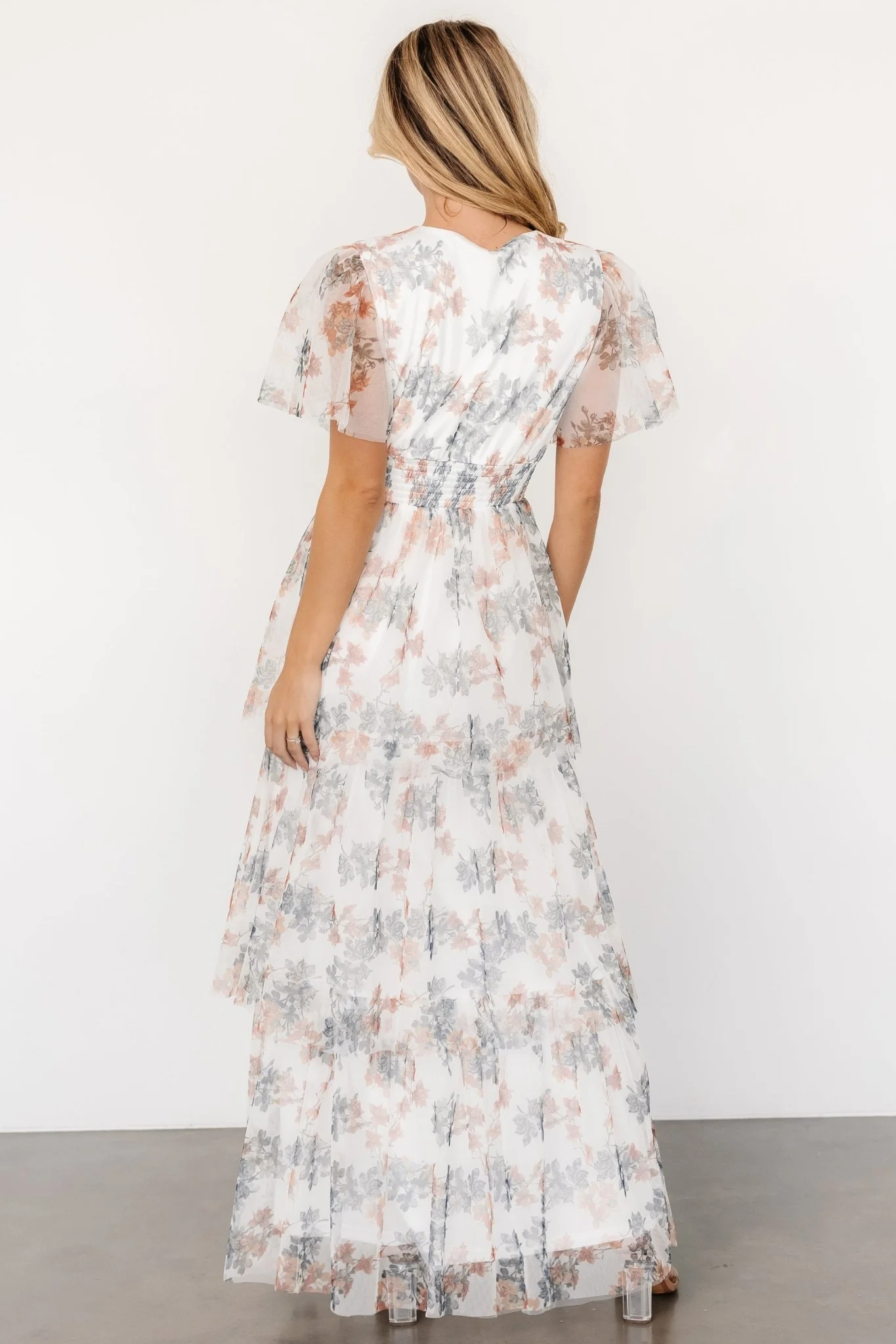 Elinor Tiered Tulle Dress | Off White + Peach Floral