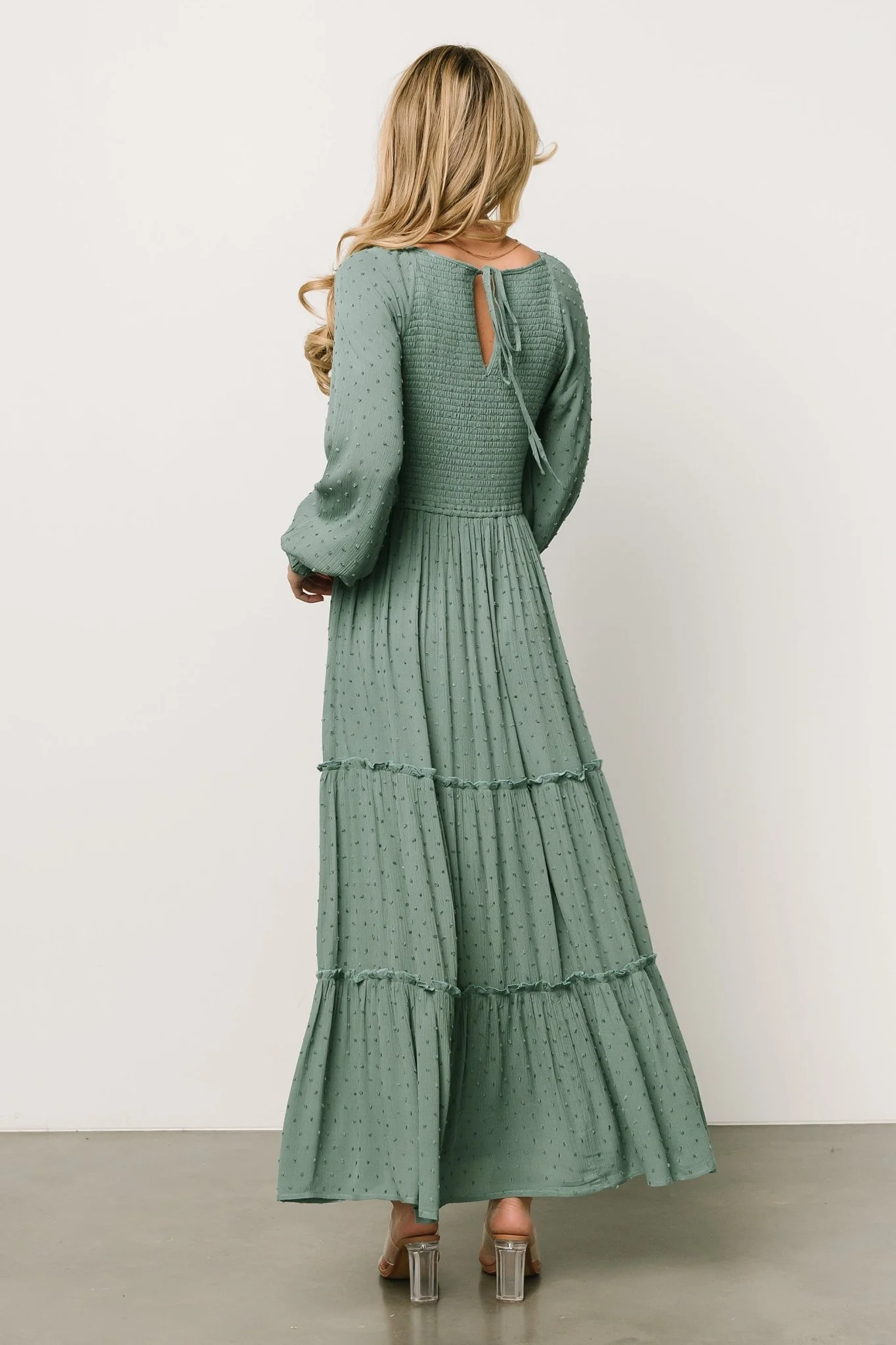 Bayley Smocked Dotted Maxi Dress | Dark Eucalyptus