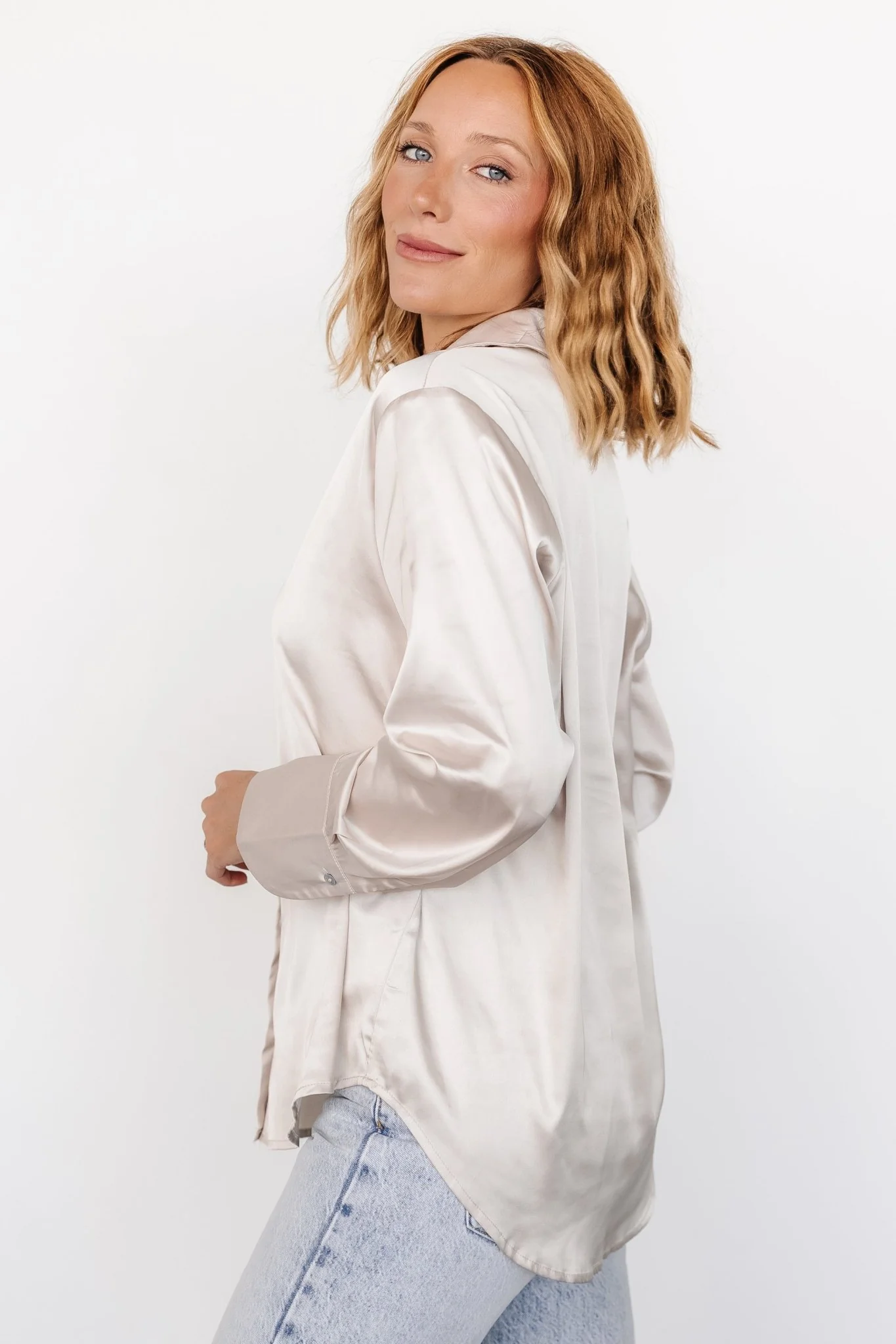 Kacey Satin Button Up Top | Champagne