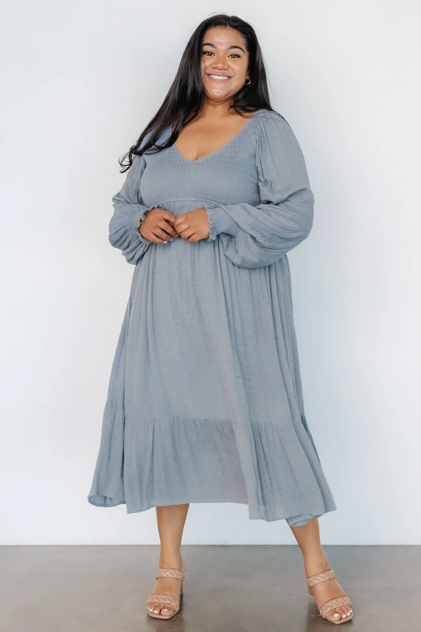 Lainey Smocked Dotted Midi Dress | Dusty Blue