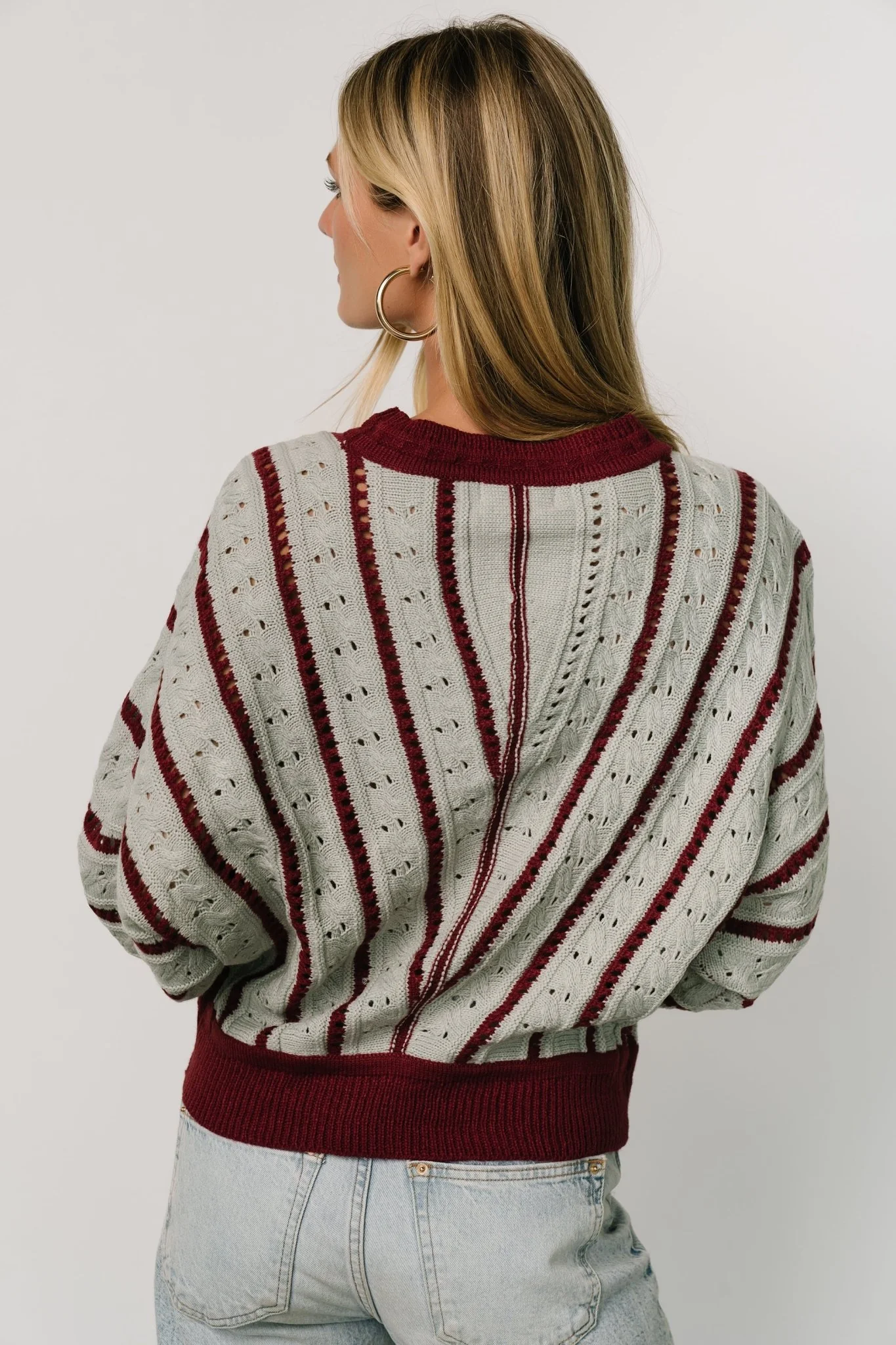 Paola Pointelle Sweater | Light Blue + Burgundy