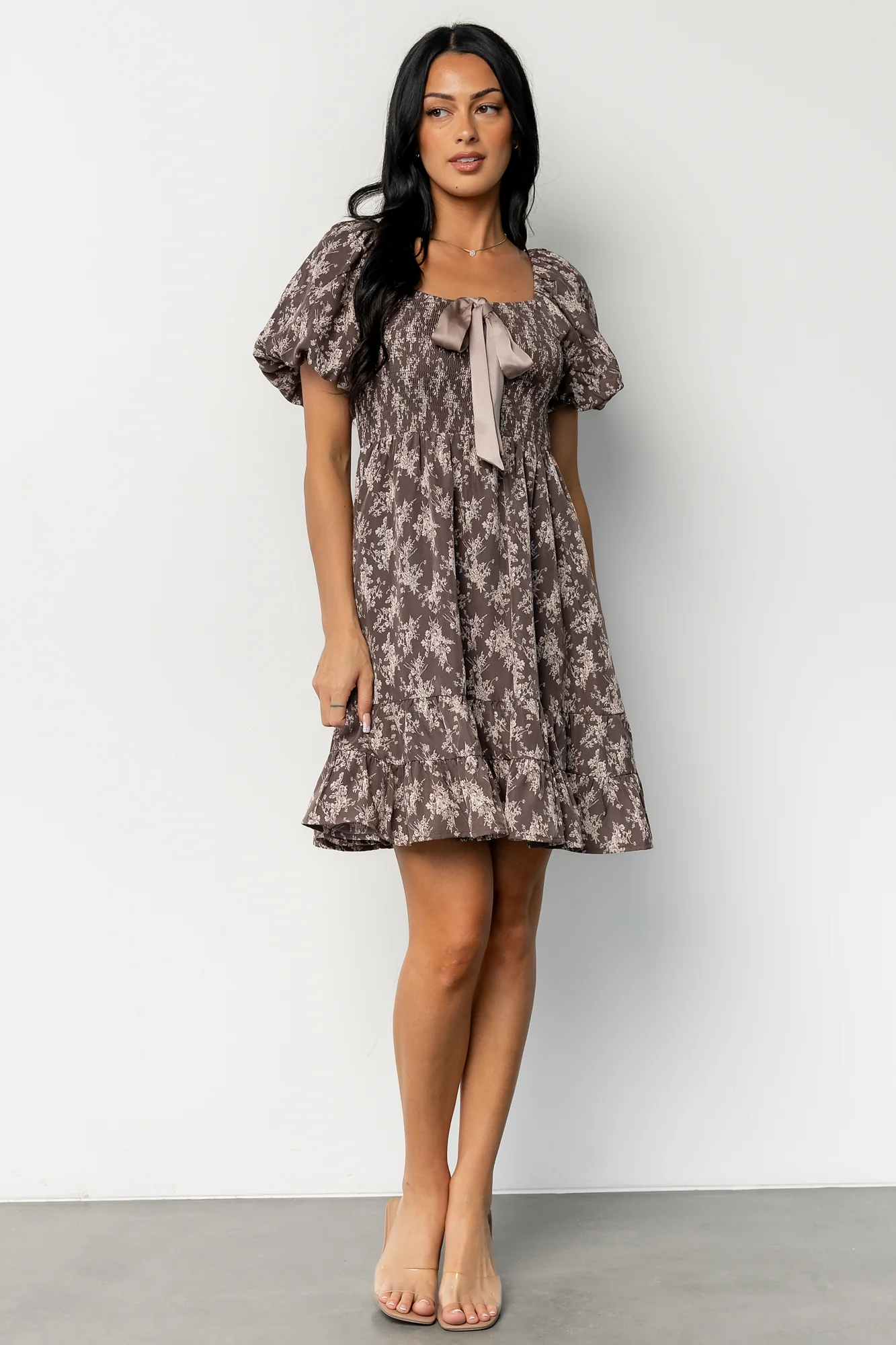 Anastasia Bow Short Dress | Dusty Clove Print